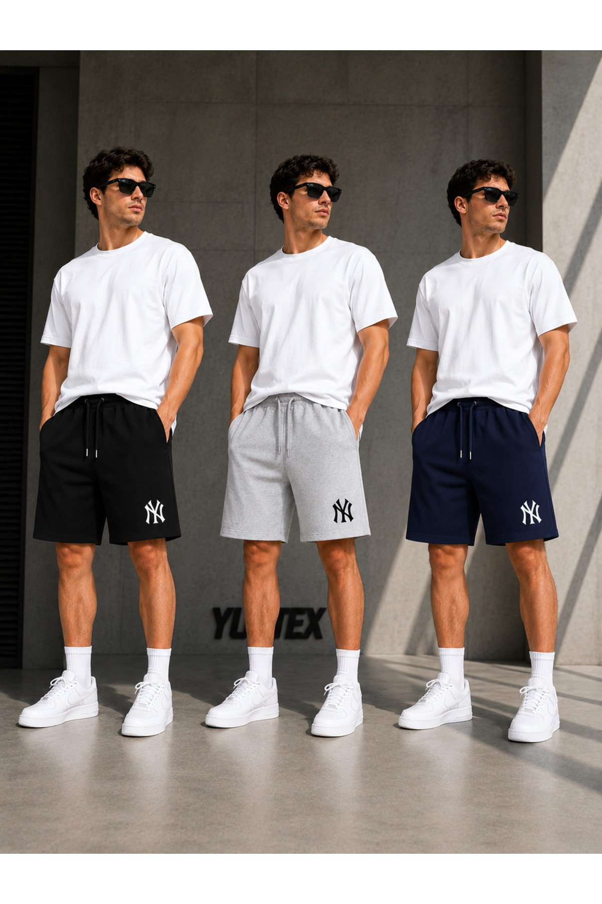 yx yustex sport 3'lü Şort Erkek NY Baskılı (Siyah-Gri-Lacivert) Basic Yazlık Şort Seti - Diz Üstü Rahat Kalıp 3'lü Ekonomik Paket