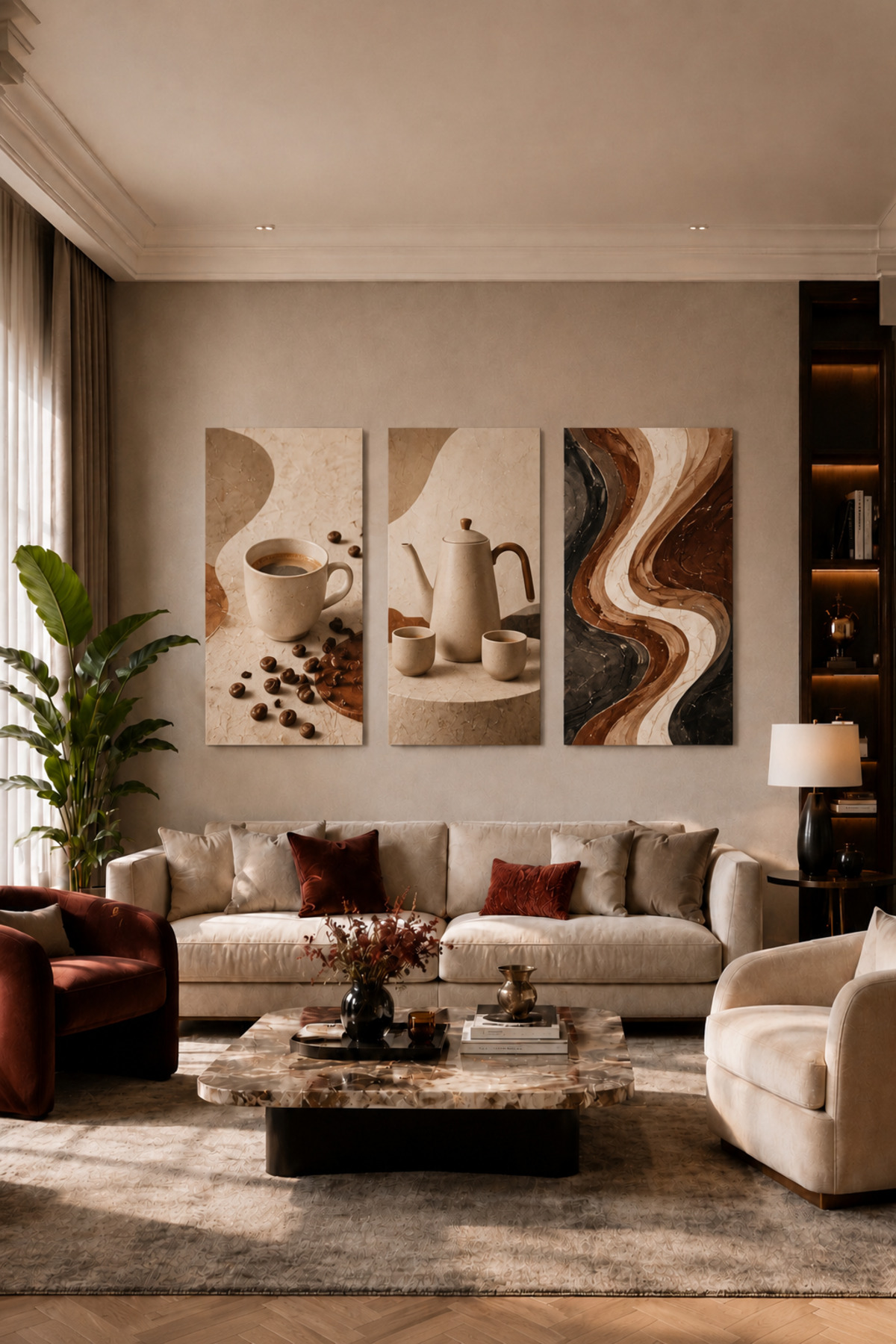 3 Parça MDF Kahve Temalı Tablo Seti Modern Mutfak Kafe Duvar Dekoru Bej Kahve Salon Tablosu