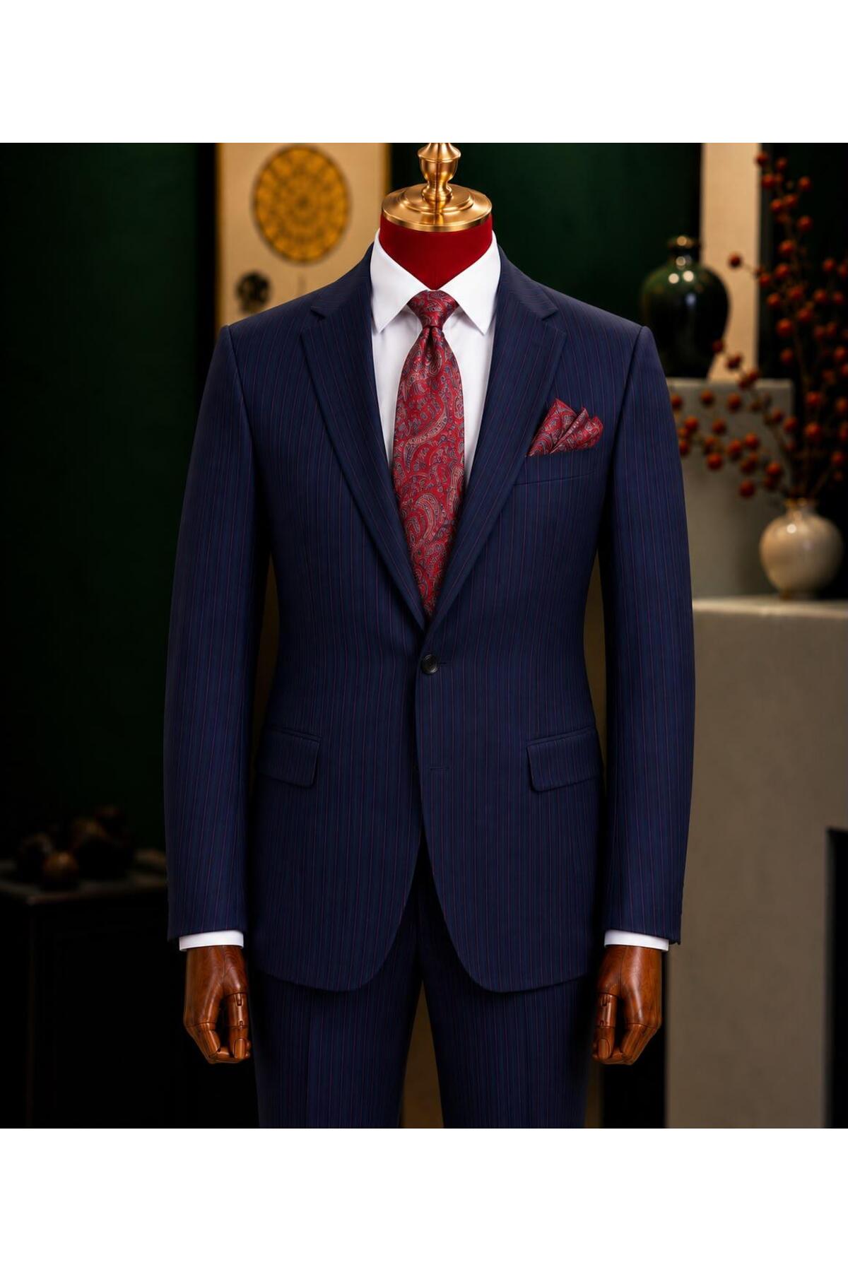 ilayda emir Men's Navy Blue Slim Fit Red Striped Suit Classic 6 Drop Wedding Engagement Groom Suit Graduation Team