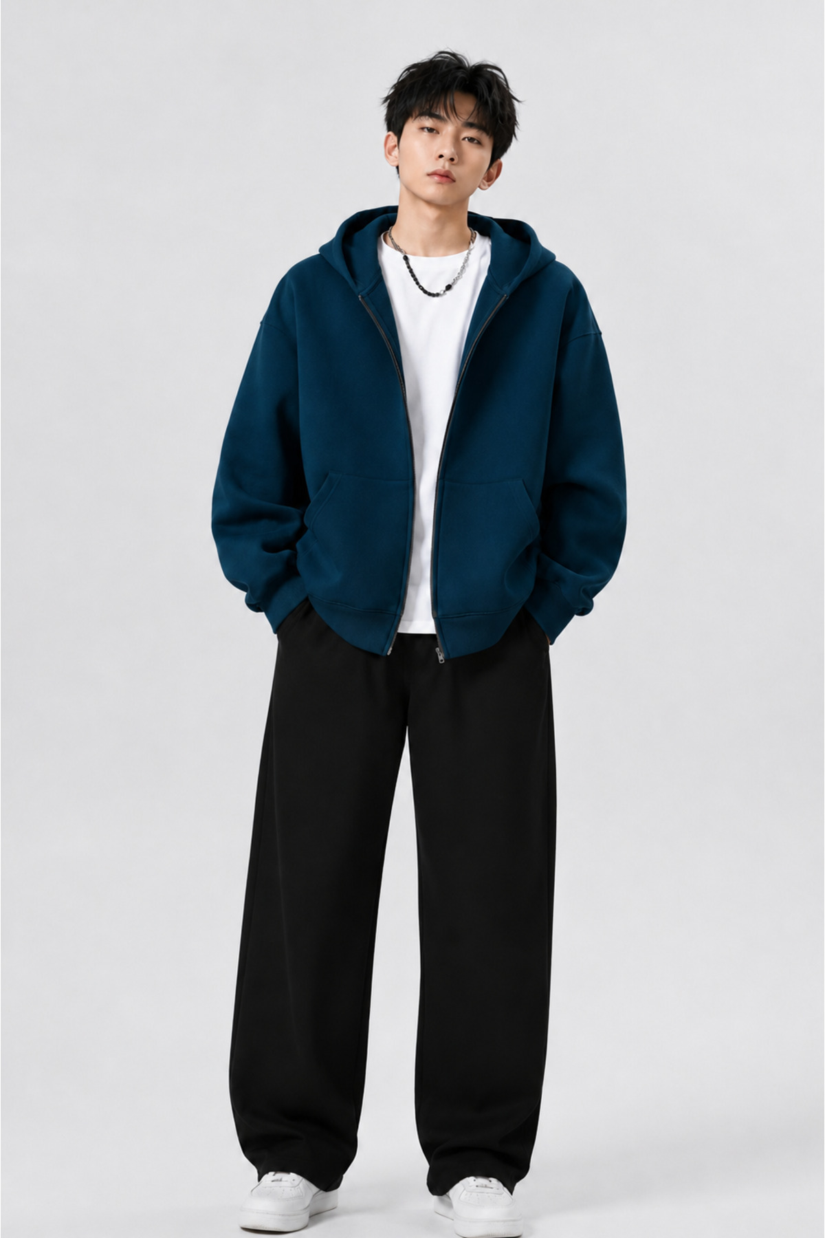 Boi Desensiz Sweatshirt Fermuarlı Hırka - Siyah Oversize Cepli Kışlık Kapüşonlu