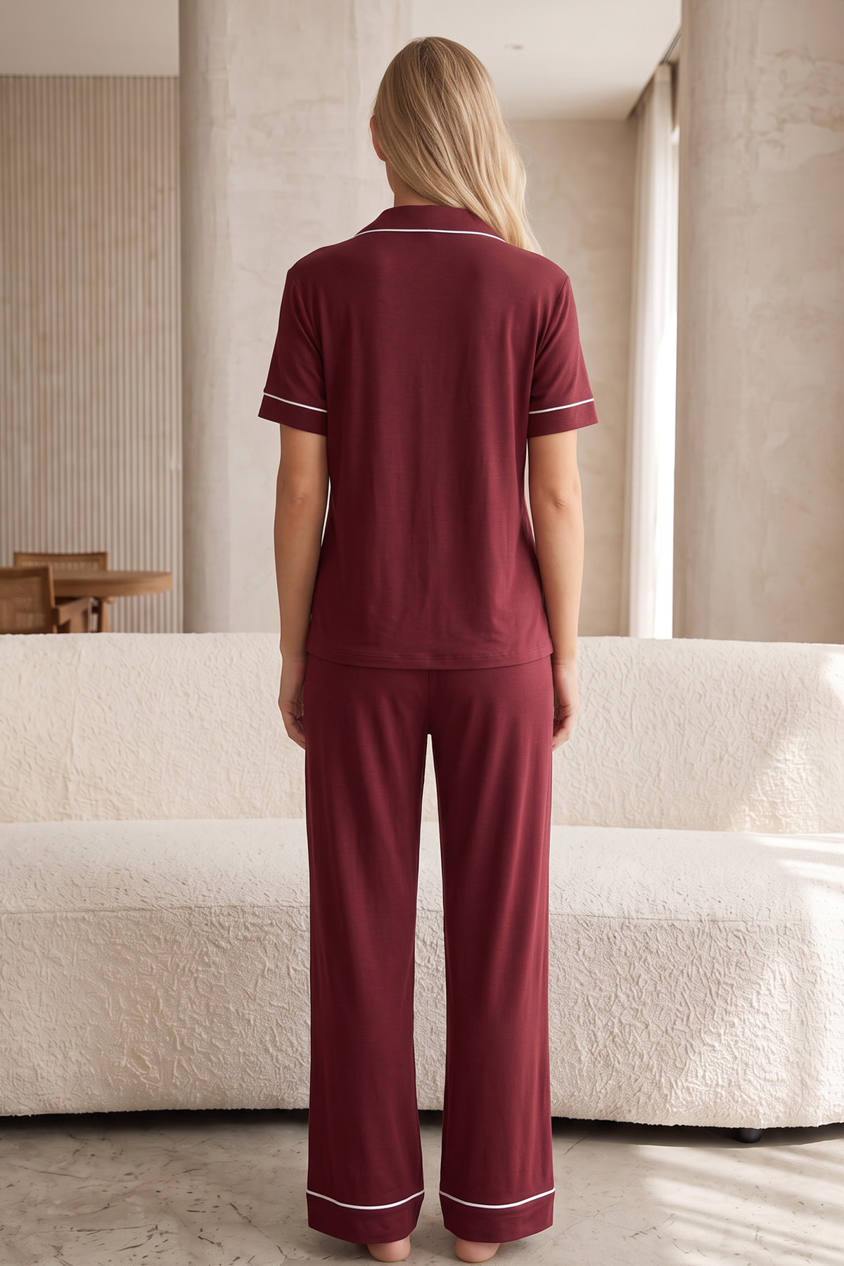 Siyah İnci mürdüm Kısa Kollu Pamuklu Düğmeli Biyeli Pijama Takım görsel 3