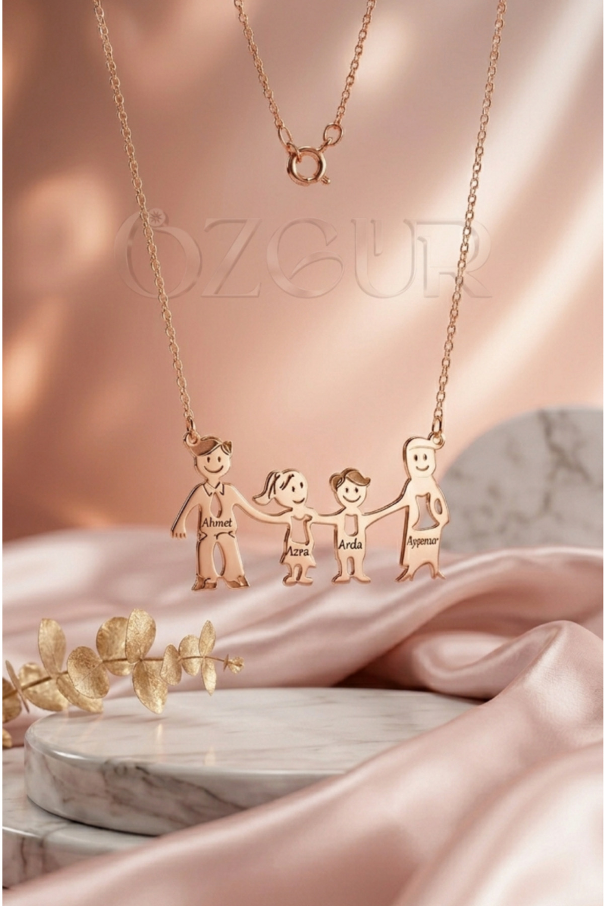 925 Ayar Gümüş İsimli 4 Kişilik Aile Kolye - Rose / 40 cm
