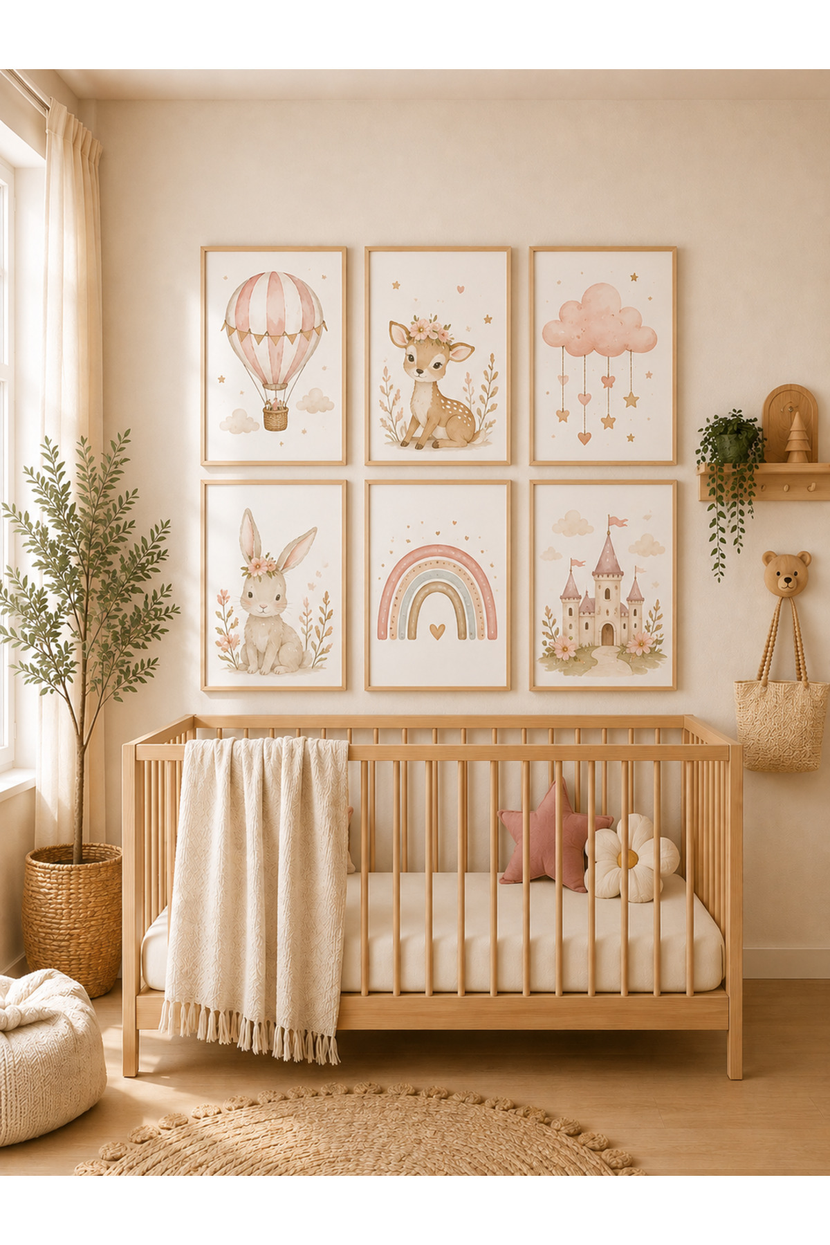 6 Parça MDF Tablo Seti Balon, Geyik, Bulut, Tavşan, Gökkuşağı ve Şato – Pembe Masal Temalı Bebek ve Çocuk Odası Duvar Dekorasyonu