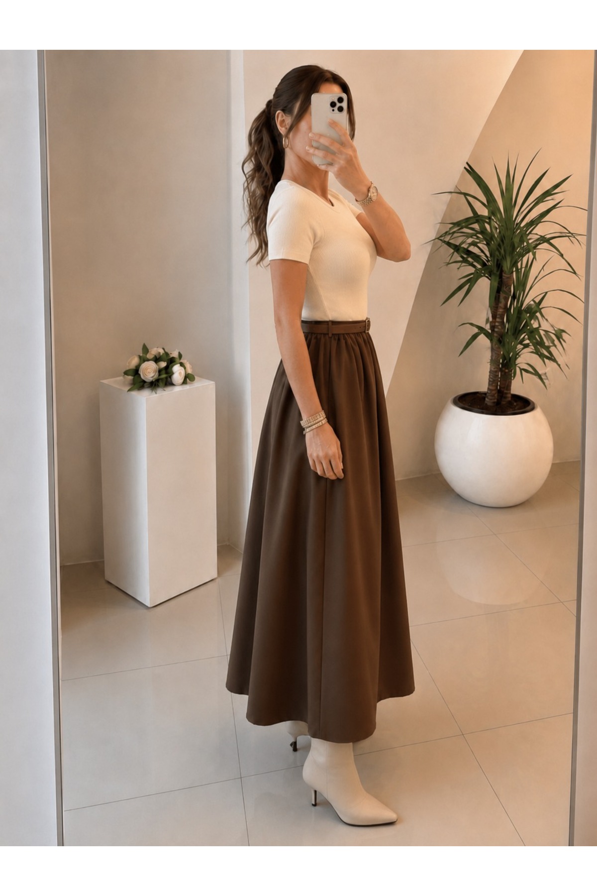 unika boutique Kadın Kemerli Poplin Midi Elbise görsel 2