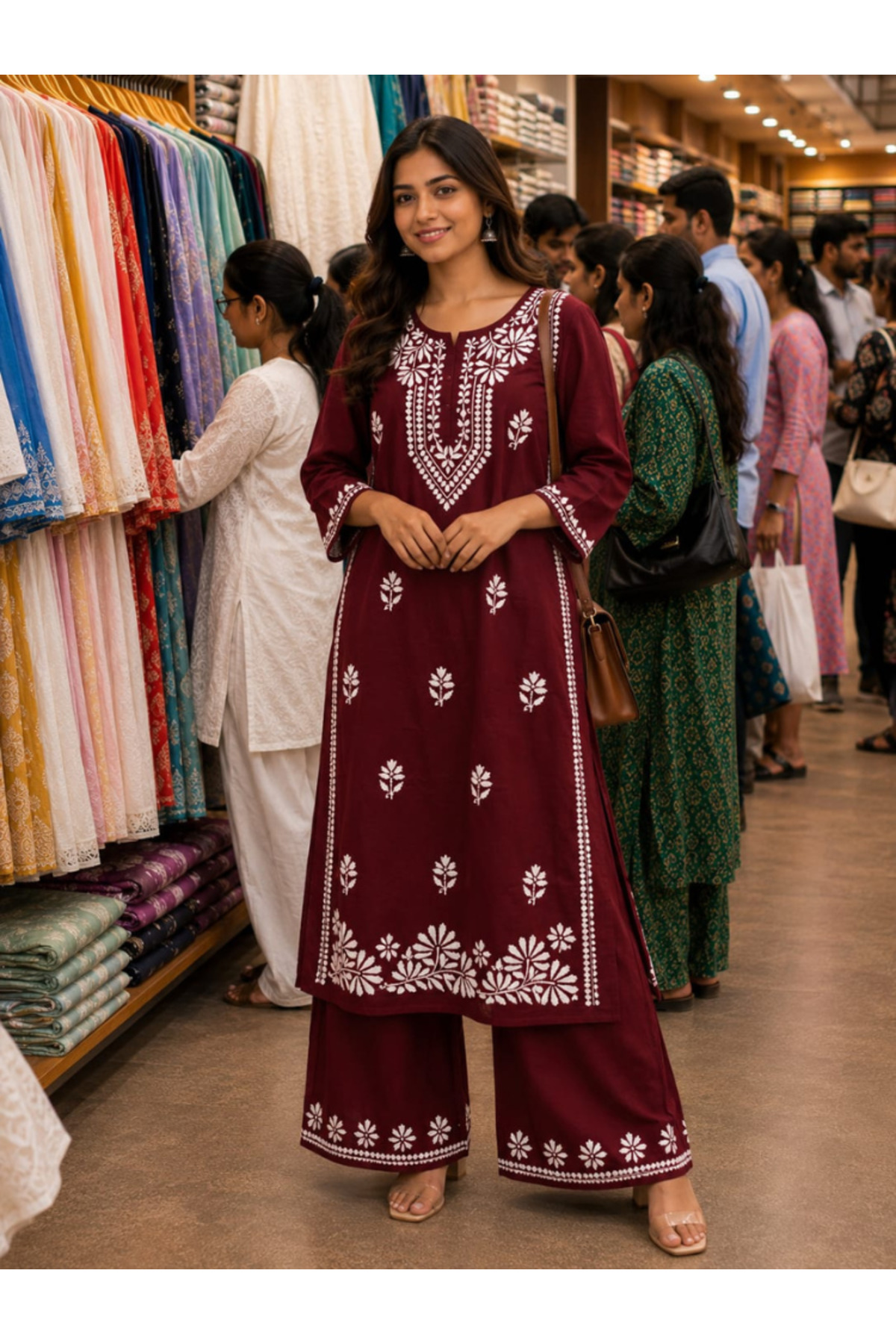 MYSMAR Maroon Chikankari Embroidered Kurti Set - CHK1003 | Maroon-Size:XL-42-Inches