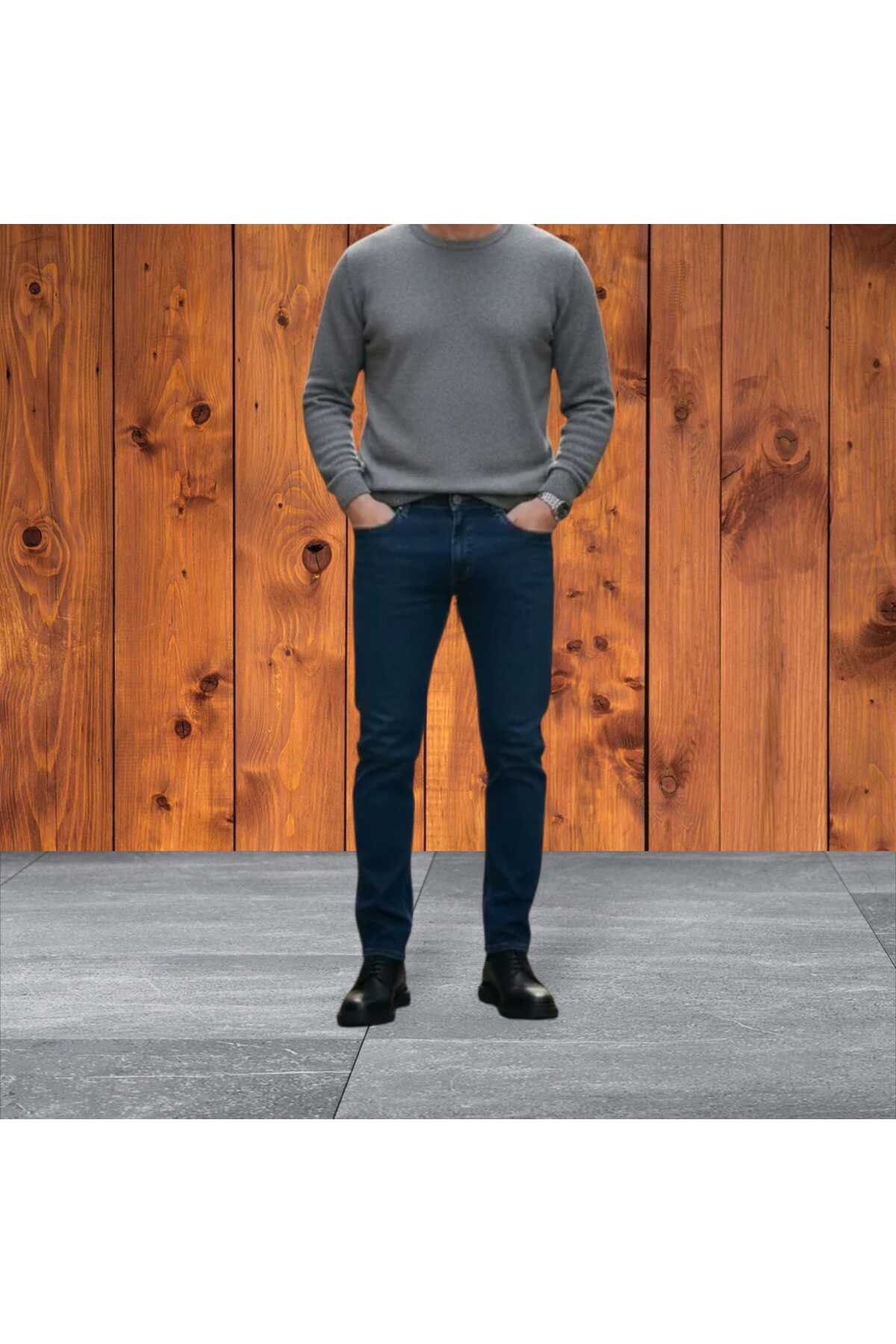 KING SEZAR Erkek Regular Fit Boru Paça Fermuarlı Likralı Kot Pantolon görsel 2