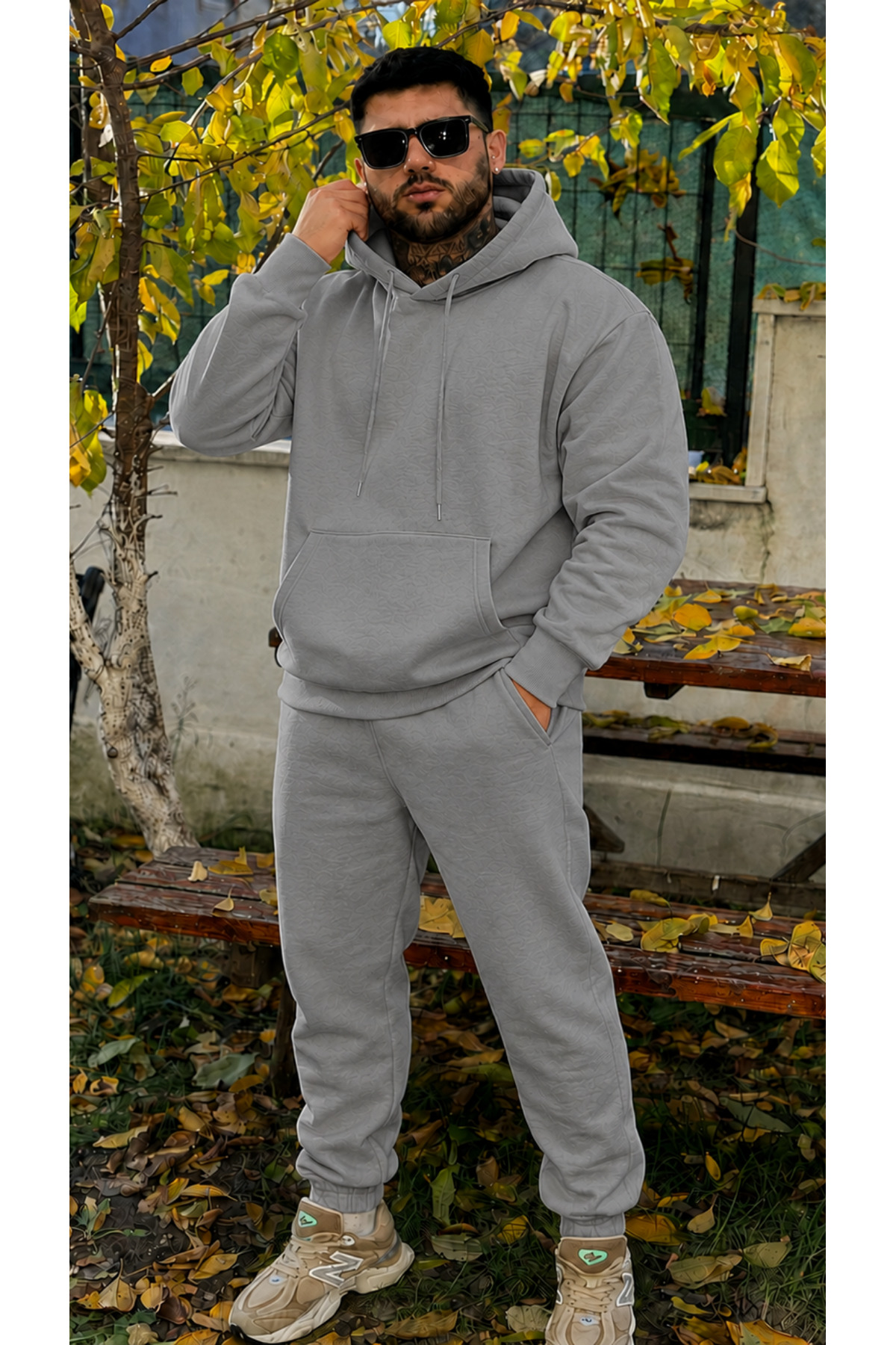 Erkek Kapşonlu 3 İplik Şardonlu Salaş Bol Hoodie Eşofman Takımı — خاکستری Mstf6027-1