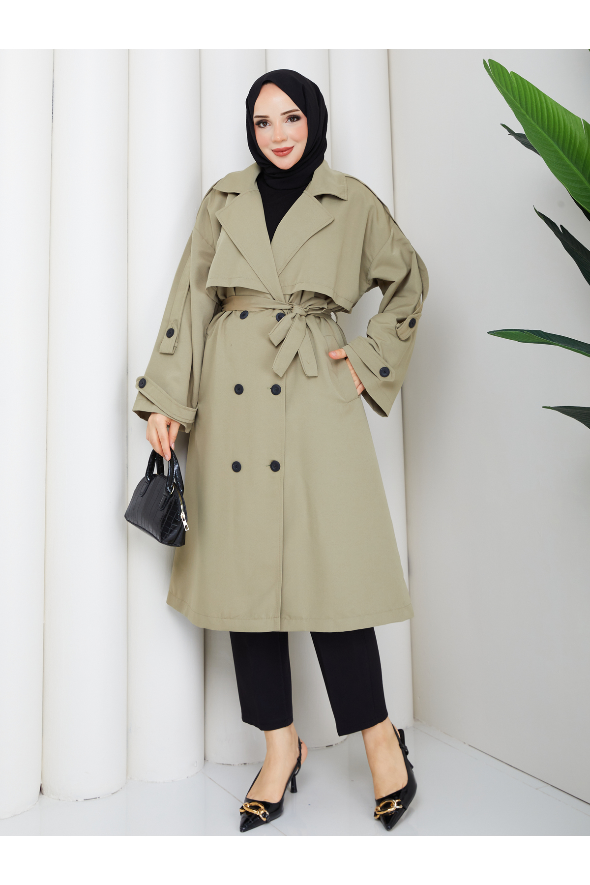 RACE FASHİON Kadın Oversize Düğmeli Tesettür Trençkot RC3111 görsel 5