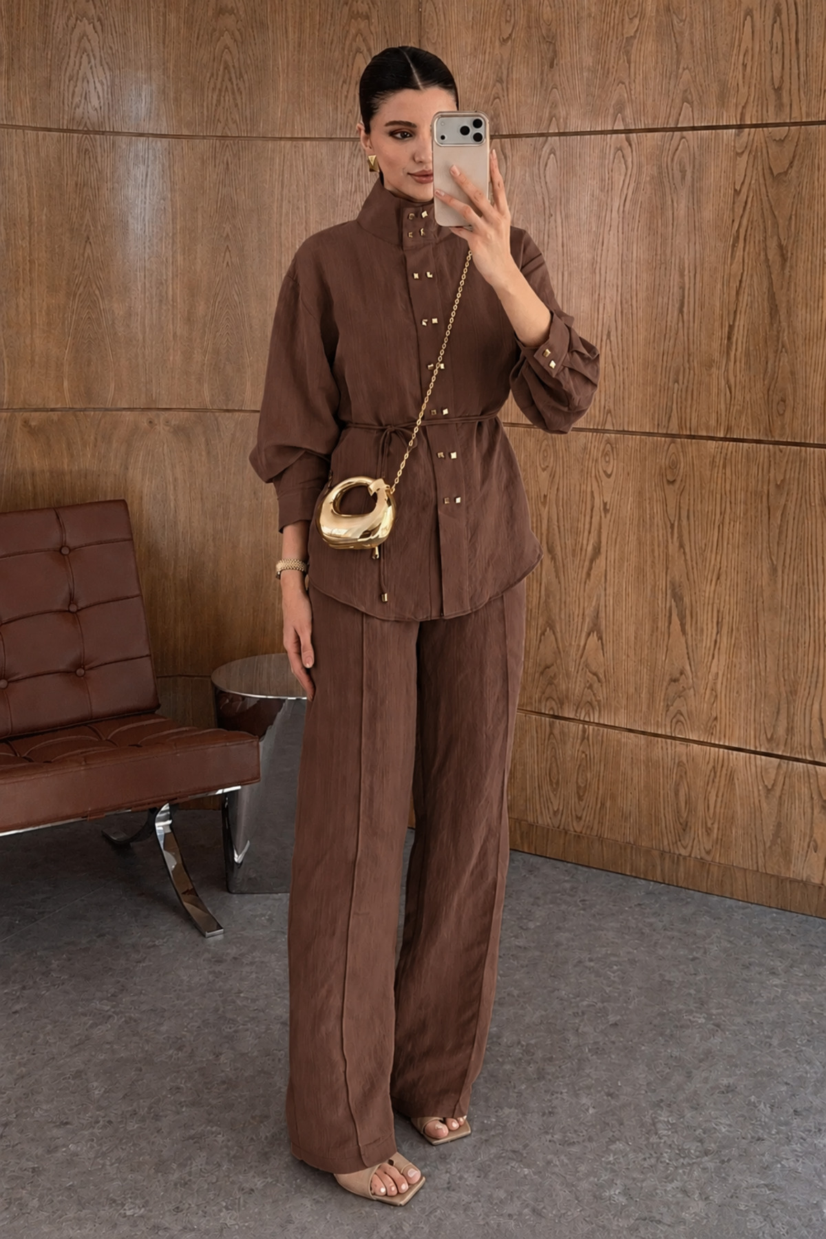 My Blog Brown Square Gold Buttoned Shirt and Trousers Set - 2Y51348