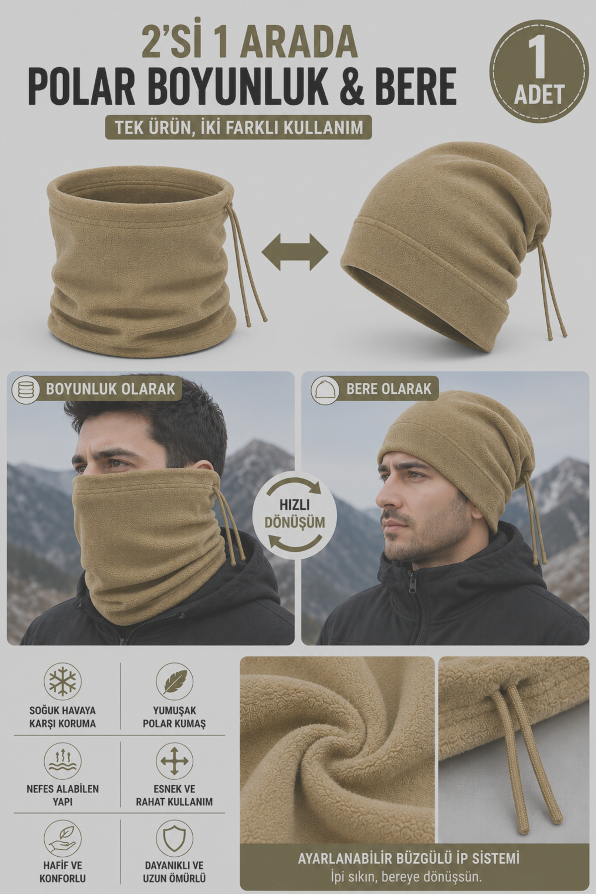 Alıç Asker Polar Boyunluk Bere 2'si 1 Arada– Ayarlanabilir İpli Polar Boyunluk, Bereye Dönüşebilen Çok Amaçlı Kışlık Boyun Koruyucu görsel 4