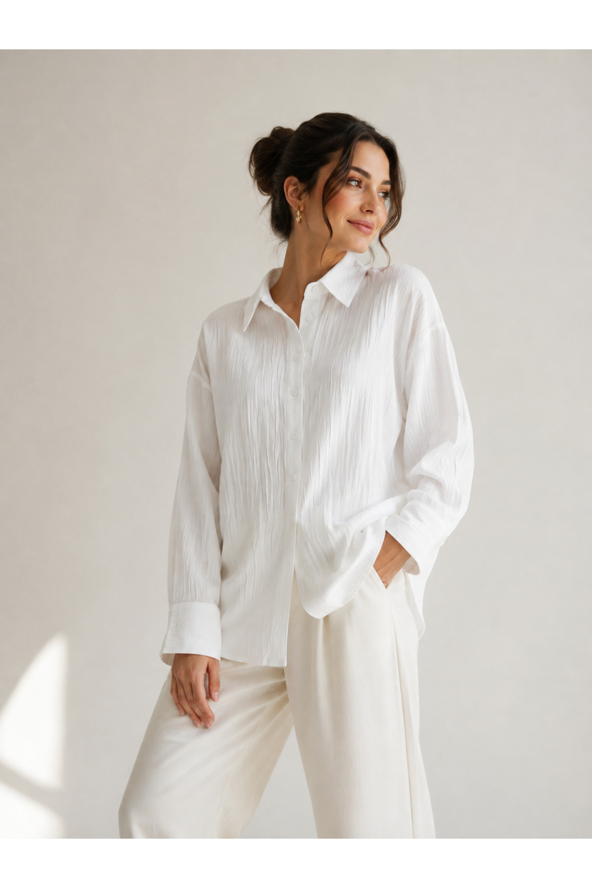 axy Women's White Seersucker Textured Shirt Oversize Relaxed Fit Long Sleeve Stylish & Casual