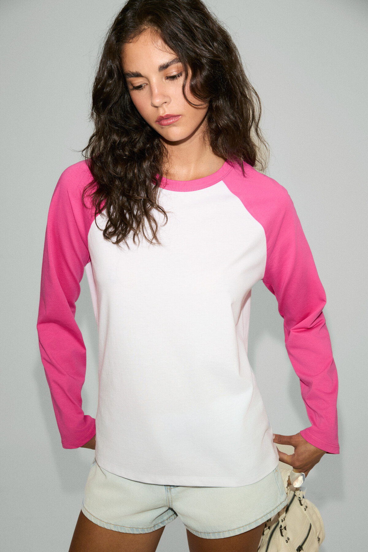 ETHIQUET ELARIAH Kadın %100 Organik Pamuklu Kontrast Kol Renkli Oversıze Uzun Kollu Pembe T-Shirt