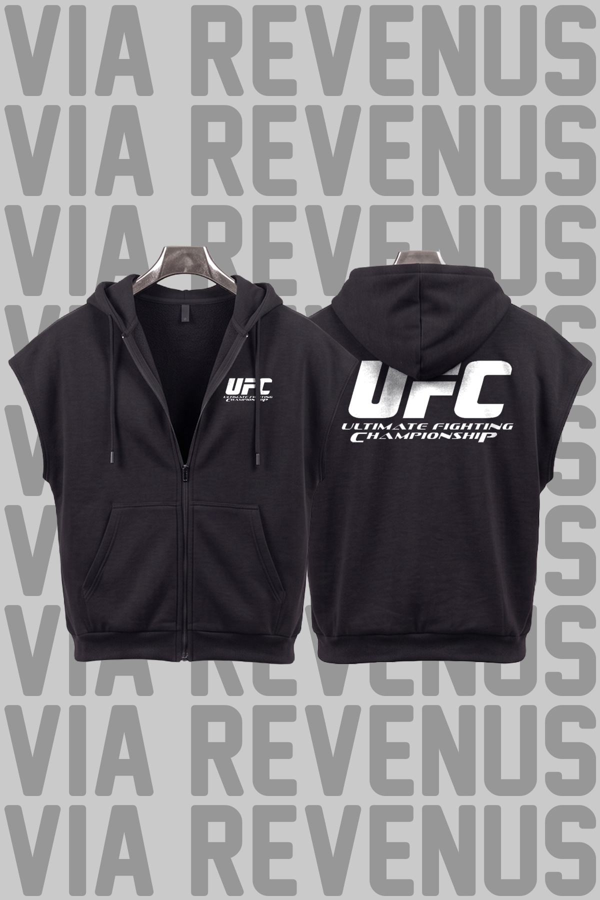 Vordevia Baskılı Kolsuz Fermuarlı Kapüşonlu Sweatshirt Geniş Kalıp 3 İplik Şardonlu Spor Yelek