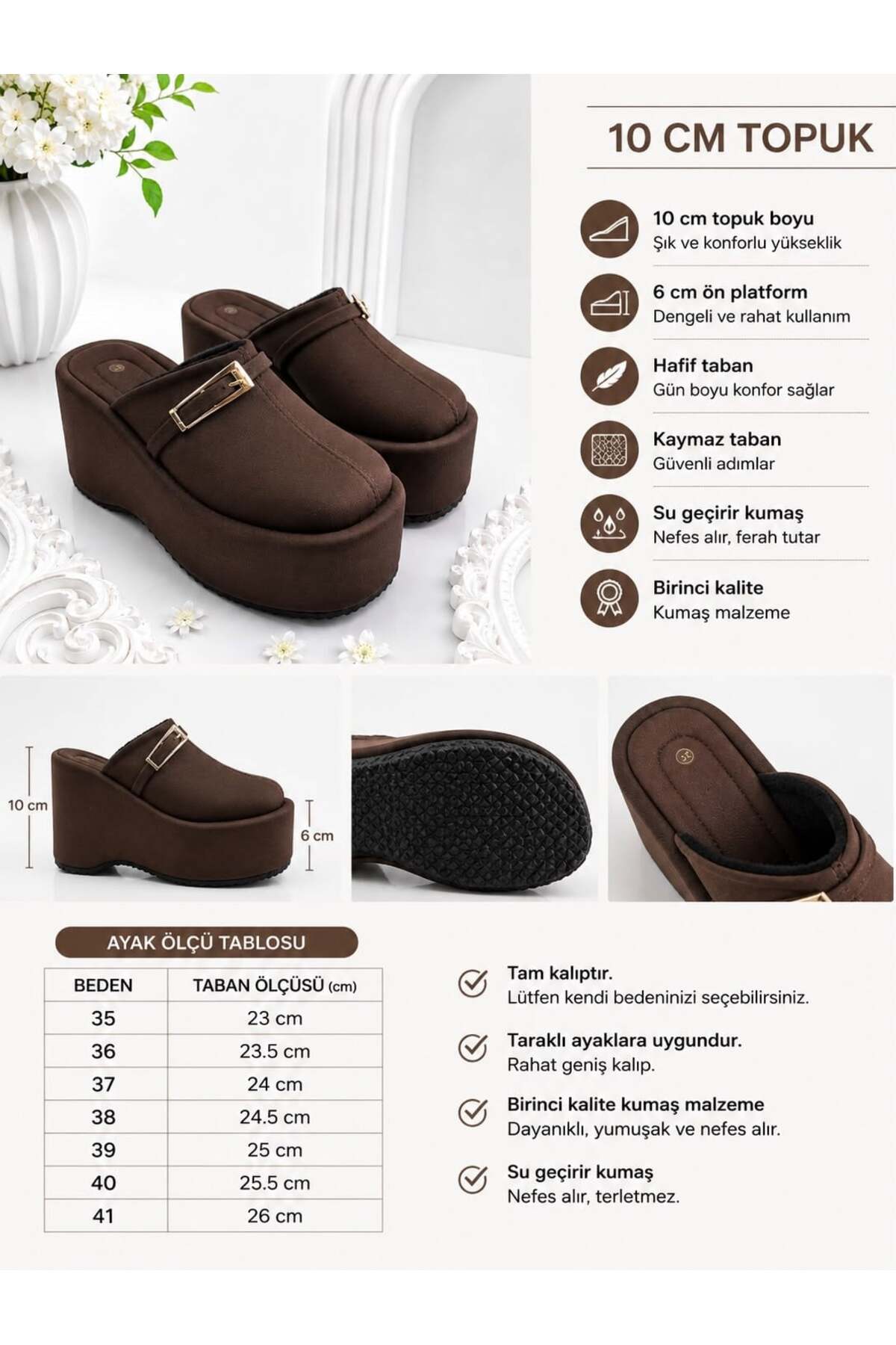 dabab shoes NARA Kadın Acı Kahve Sıcak Kürklü Gold Tokalı Kapalı Burun Dolgu Topuklu Platform Terlik görsel 7