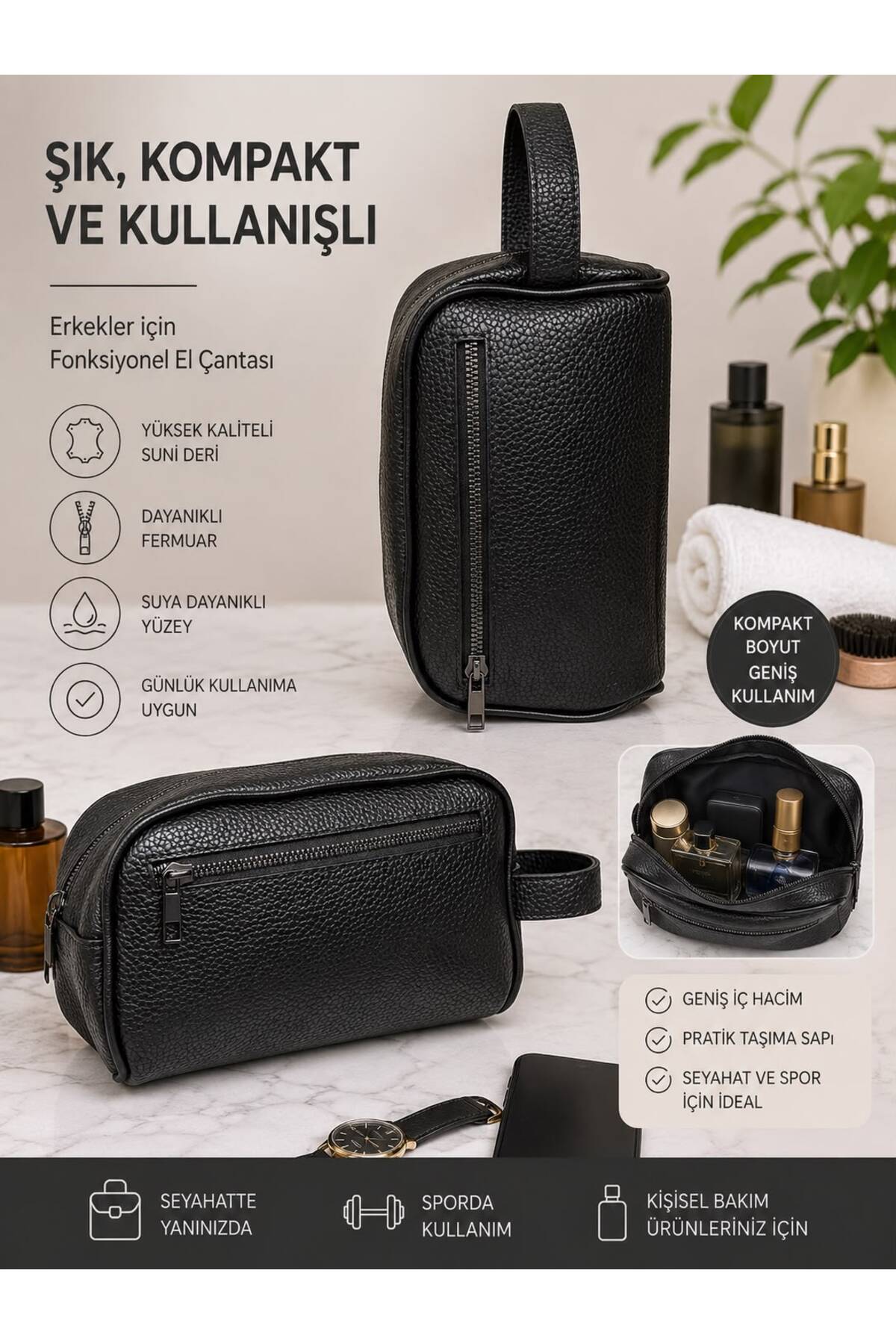 miraç kozmetik Erkek Siyah Suni Deri İki Gözlü El Çantası