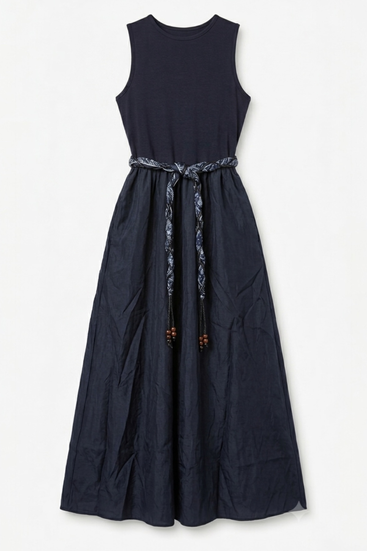 FEG STORE Women's Scarf Belt Detailed Parachute Skirt Navy Blue Sleeveless Long Length Flexible Viscose Dress