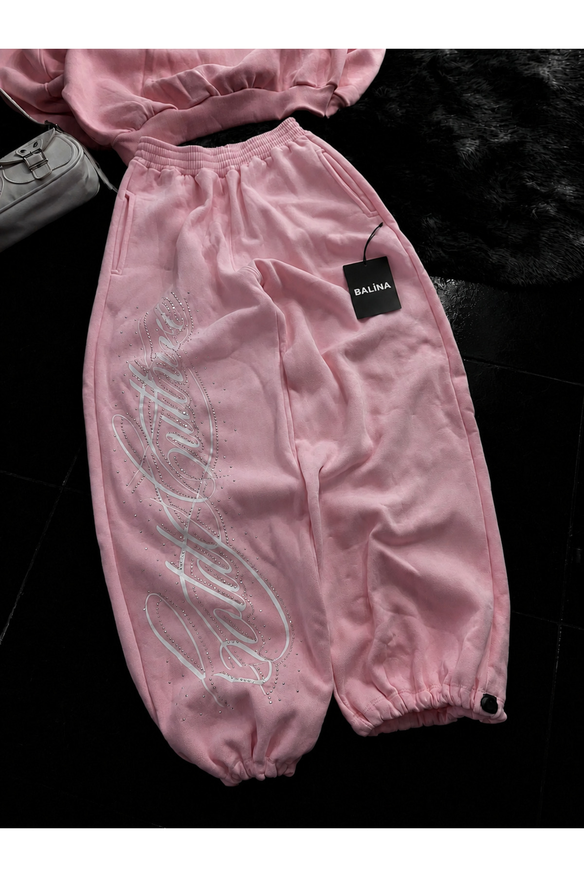 BALİNA Pembe Angel Taşlı Baggy Unisex Eşofman Altı