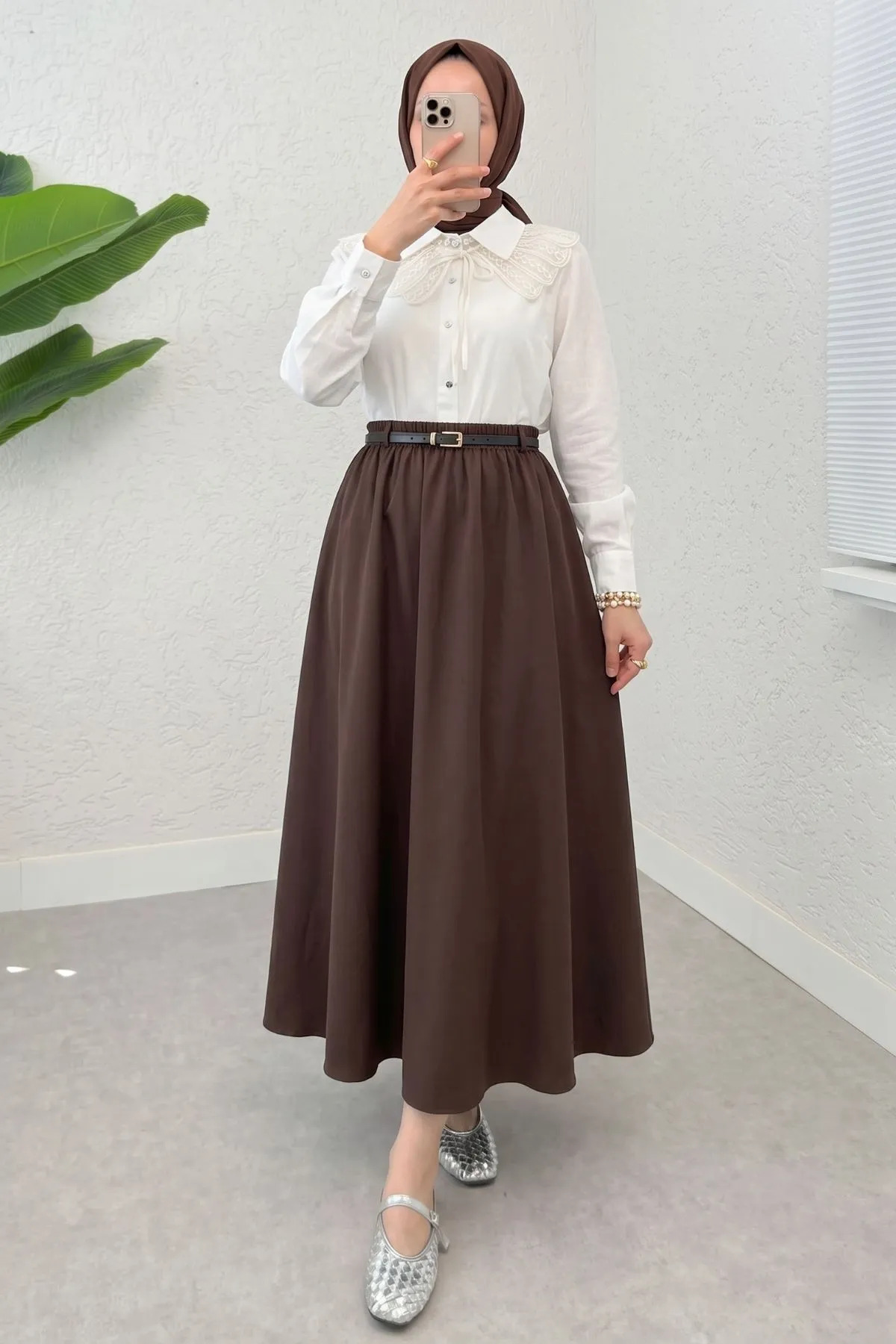 Modestim Tesettür Kadın Beli Lastikli Kemerli Kahve Uzun Tesettür Etek