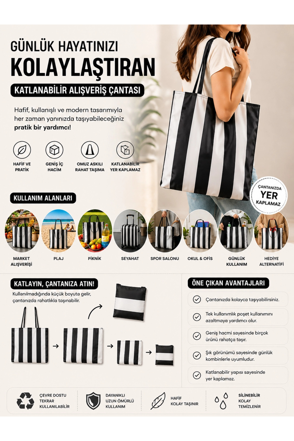 IKEA Katlanabilir Alışveriş Çantası - Çok Amaçlı Bez Market Omuz Çantası - Çizgi Desenli görsel 2