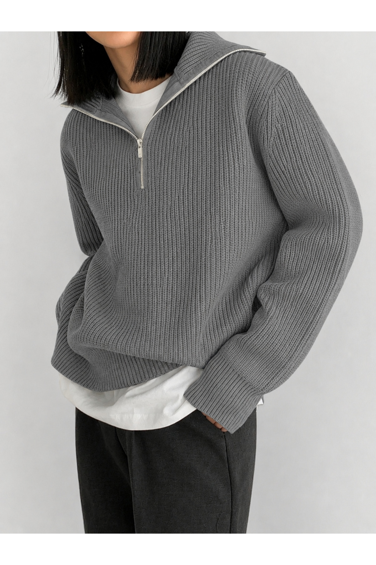 POİNE Kadın Devrik Yaka Oversize Selanik Örgü Fermuarlı Basic Triko Kazak görsel 2