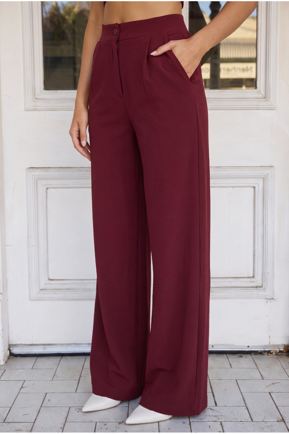 Kadın Bordo Rahat Kesim Bol Paça Likra Pantolon 4