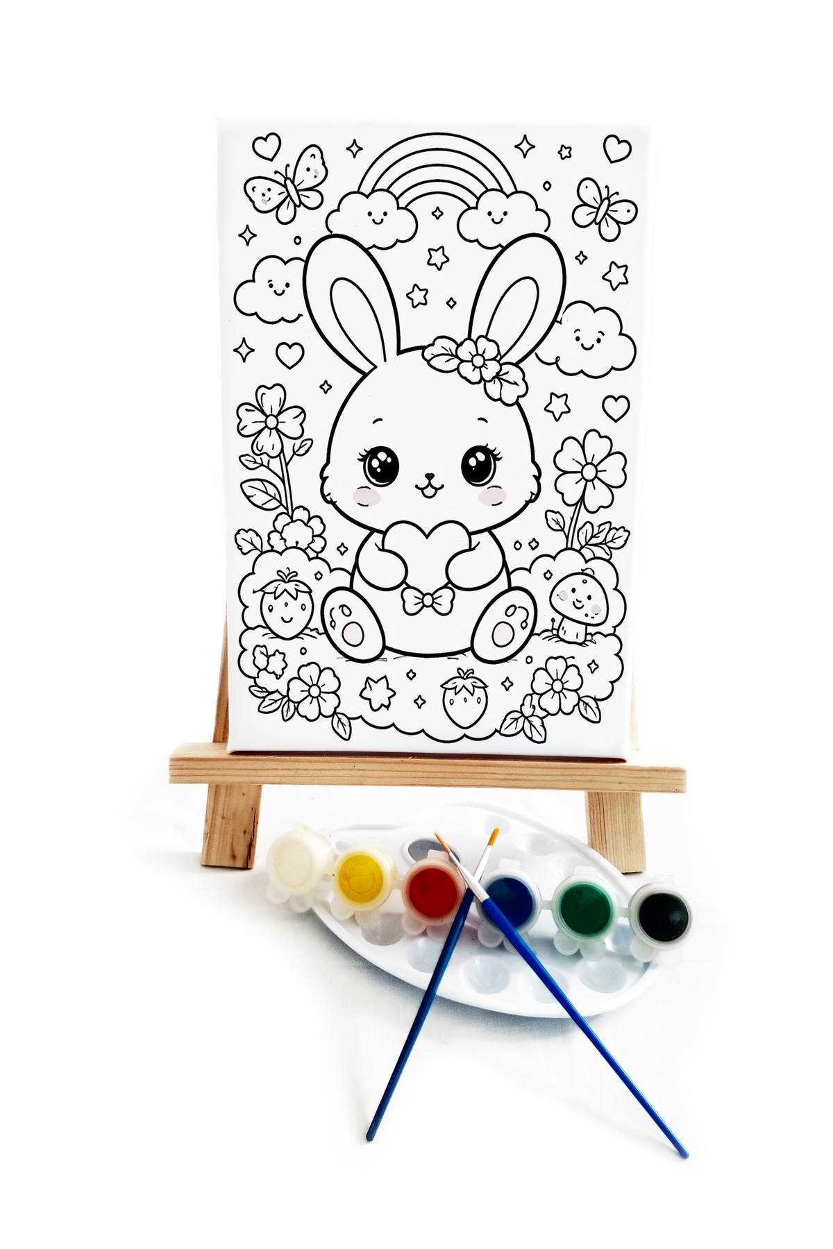 Anime Tavşan Çocuk Ressam Seti - 20x30 cm Önçizimli Tuval, 2 Adet Fırça, Palet, Boyalar ve Şövale