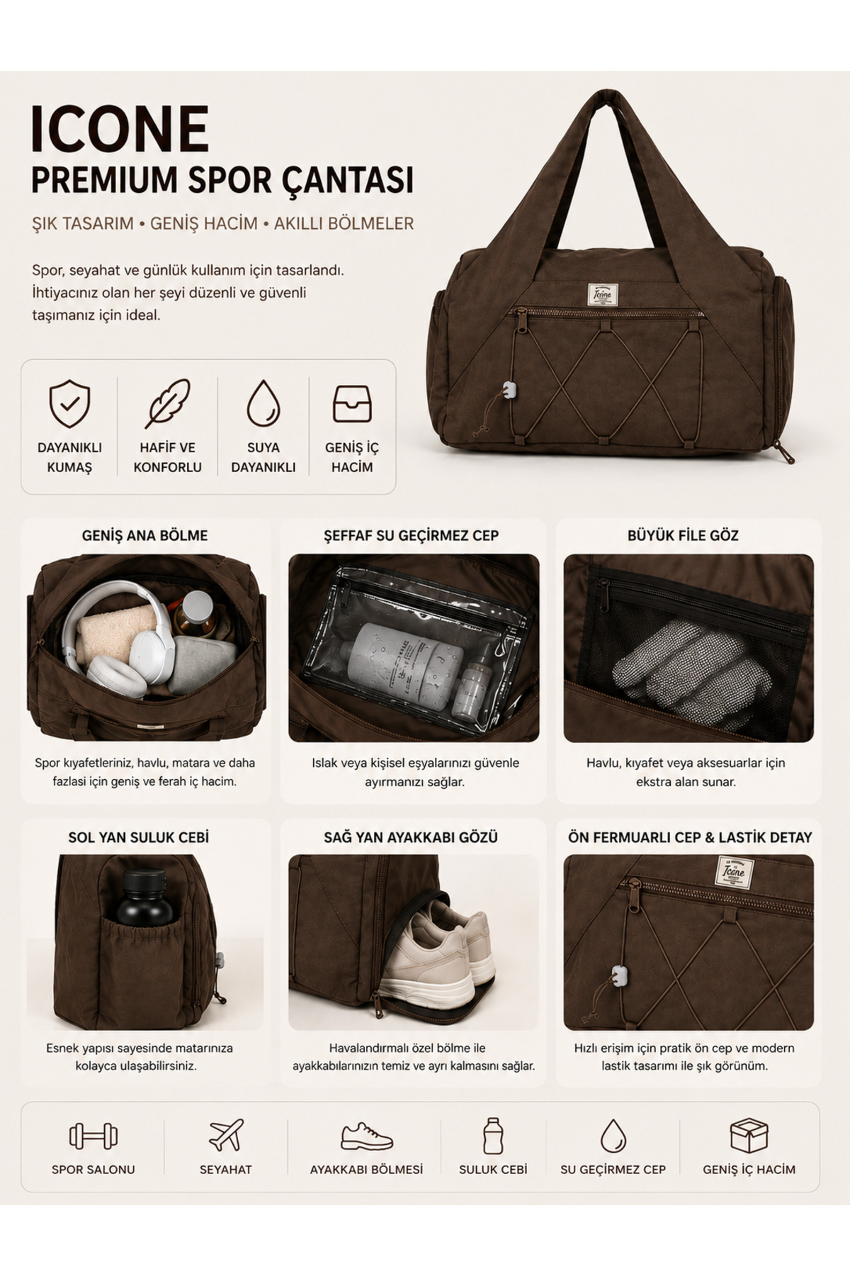 ICONE BAG Unisex Spor ve Yoga Çantası, Çok Cepli, Ayakkabı Bölmeli, Lastik Detaylı, Fermuarlı Ön Cep, Kahverengi Spor Çanta görsel 6