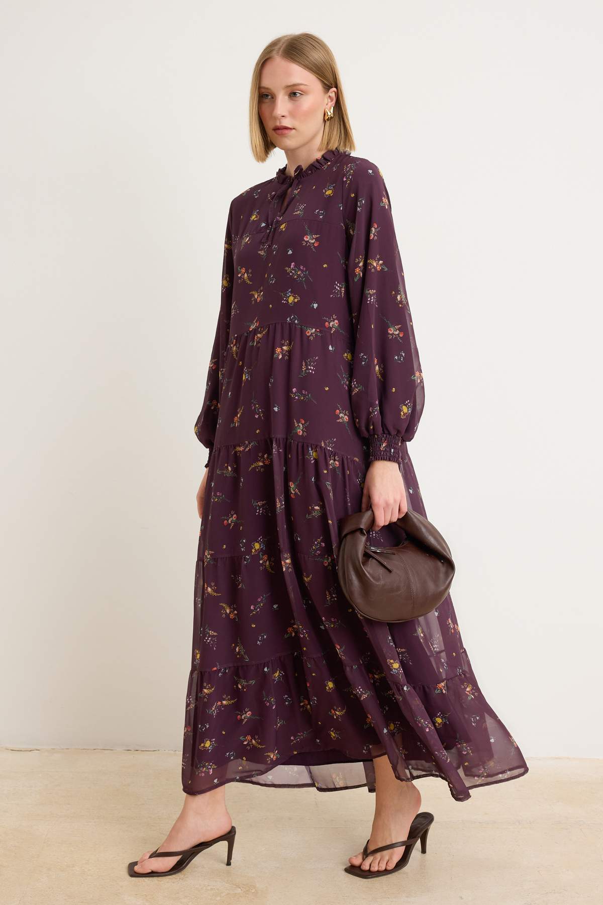 Trendyolmilla Modest Mürdüm Çıtır Çiçek Desenli Şifon Elbise TCTAW25EB00091