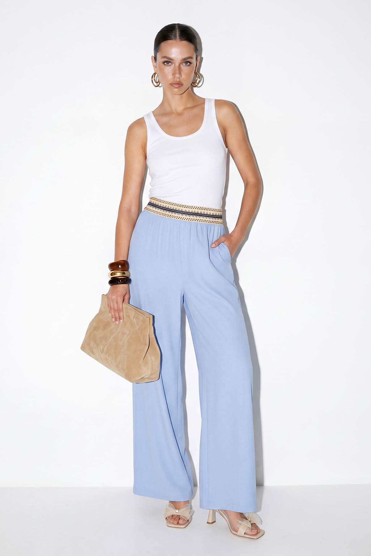 Drop by Trendyolmilla Bebe Mavisi Nakışlı Lastikli Bel Geniş Paça Pantolon TDRSS26PL00018