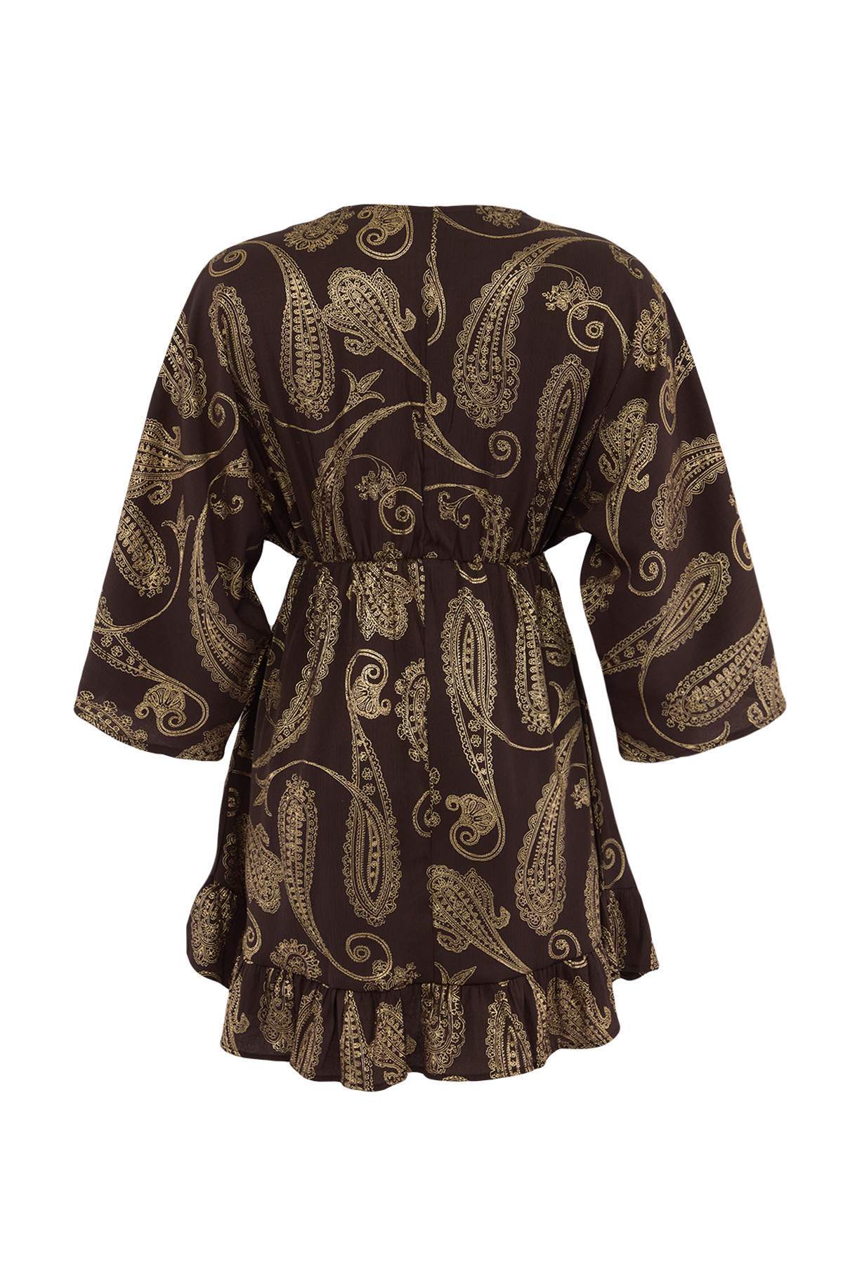 Dunkelbraunes gewebtes Mini-Strandkleid mit Schalmuster und Quasten TBESS25EL00096