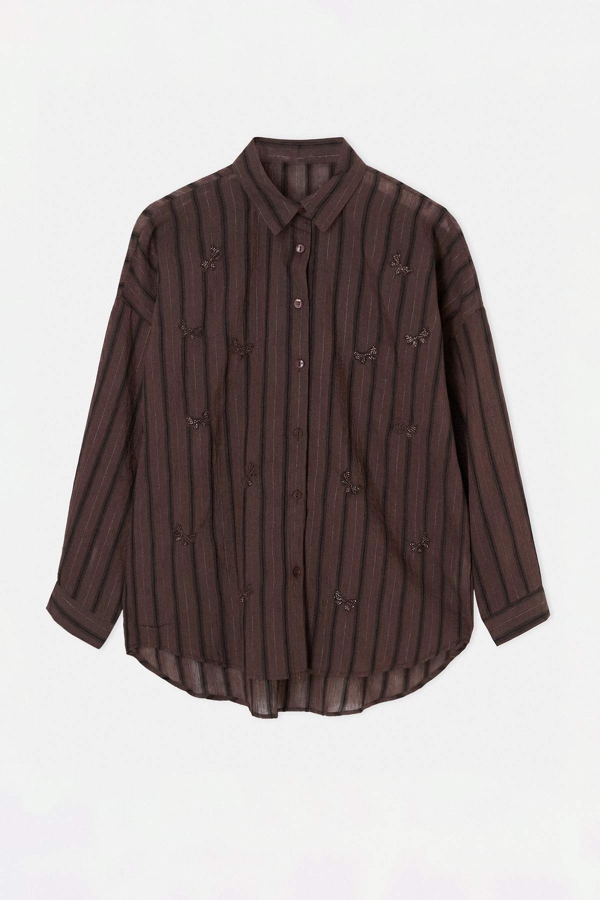 Drop by Trendyolmilla Kahverengi Oversize Taşlı Nakışlı İnce Kumaş Transparan Gömlek TDRSS26GO00102