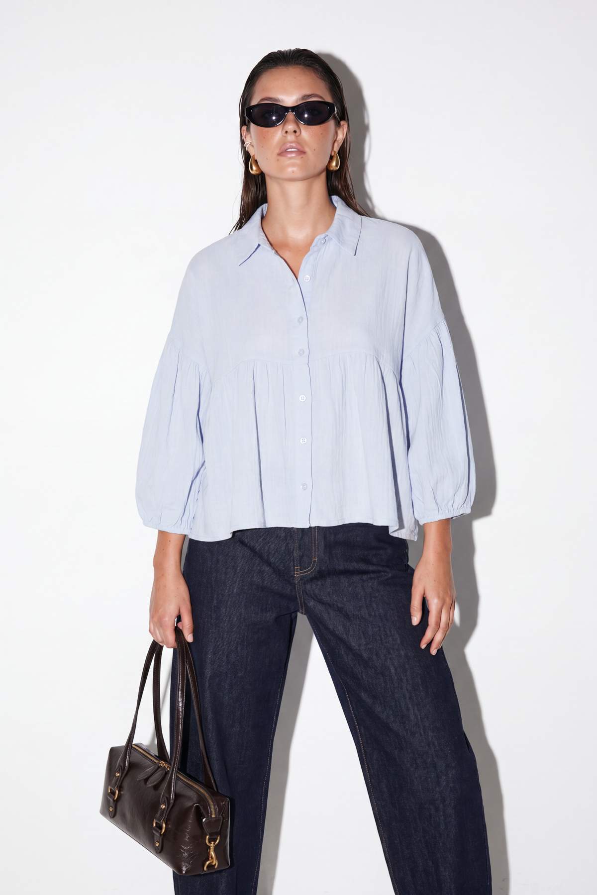 Drop by Trendyolmilla Mavi Balon Kol Rahat Kalıp Muslin Eteği Volanlı Crop Gömlek TDRSS26GO00103