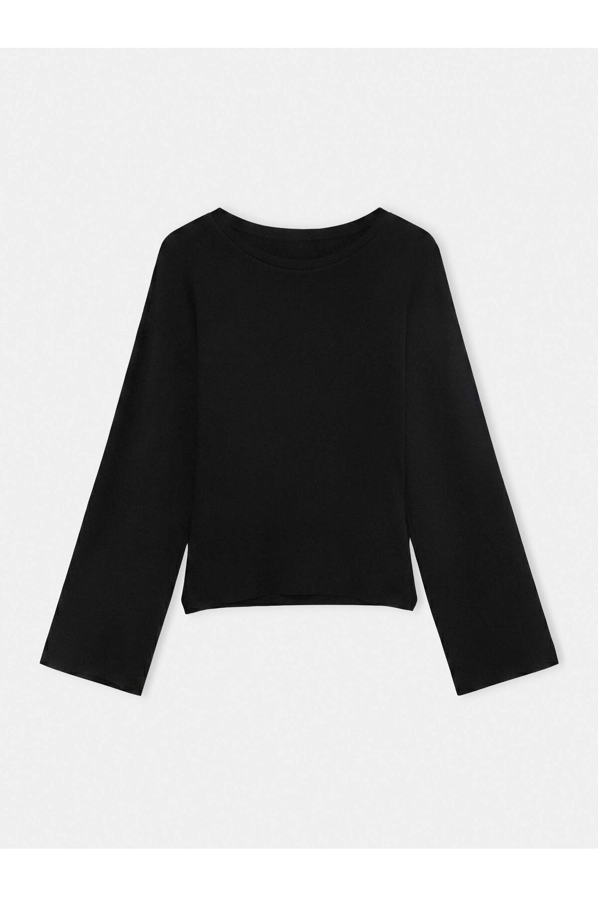 Trendyolmilla Siyah Düz Bele Oturan Bisiklet Yaka Düşük Kol Uzun Regular Viskon Ribana Örme T-Shirt TWOAW27TS00015