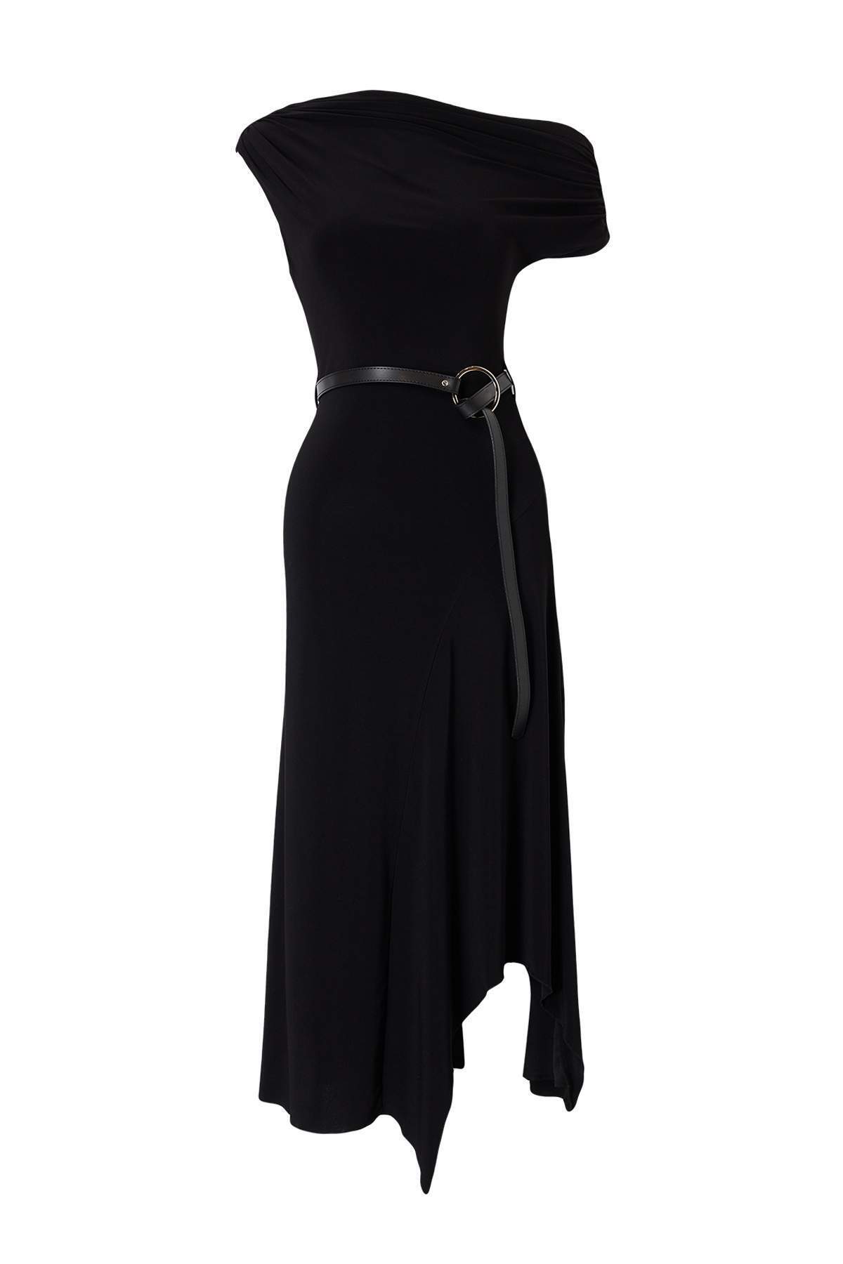 Trendyolmilla Siyah Düz Bodycon Asimetrik Yaka Kolsuz Maxi Kalın Sandy Astarlı Örme Elbise TWOAW27EL00061
