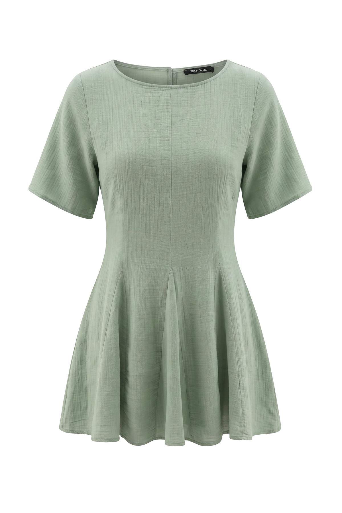 Trendyolmilla Mint Dokuma Volanlı %100 Pamuk Plaj Mini Elbise TBESS25EL00135