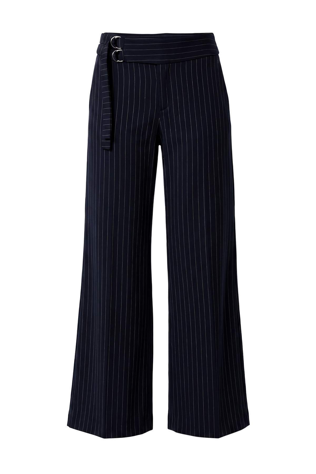 Trendyolmilla Lacivert Kalın Kemerli Çizgili Wide Leg/Geniş Paça Pantolon TWOAW27PL00027