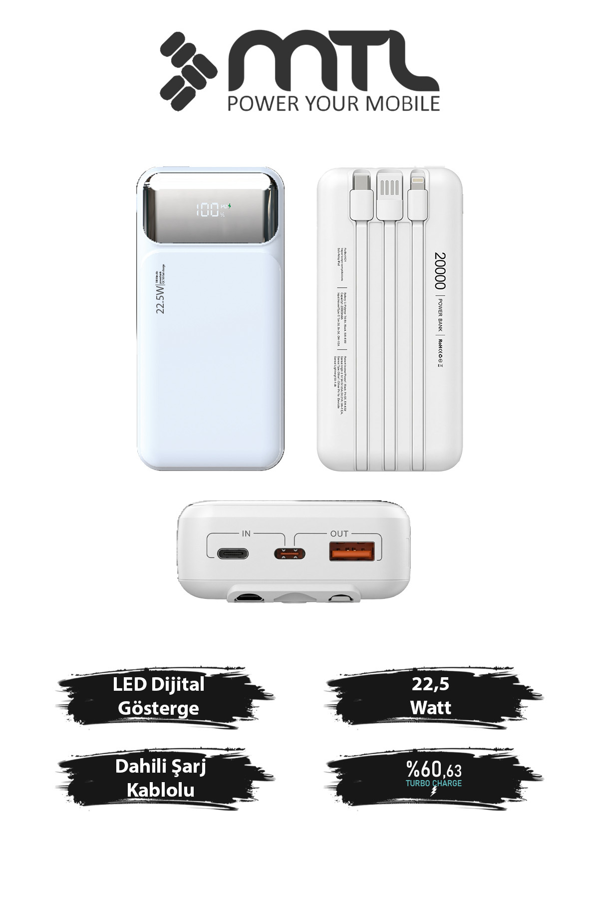 MTL 20000 mAh 22.5W Turbo Şarj Dahili Kablolu Dijital Led