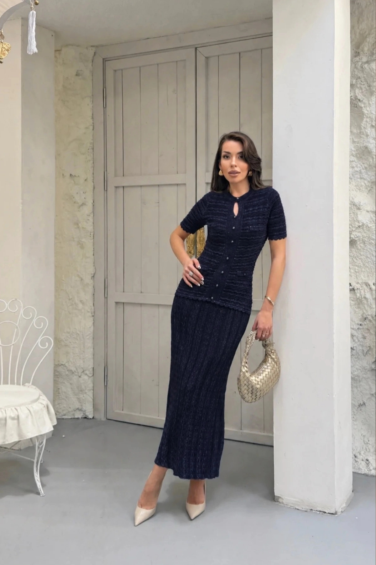 Lusin Women's Navy Blue Glitter Lined Short Sleeve Summer Fabric Long Elegant...