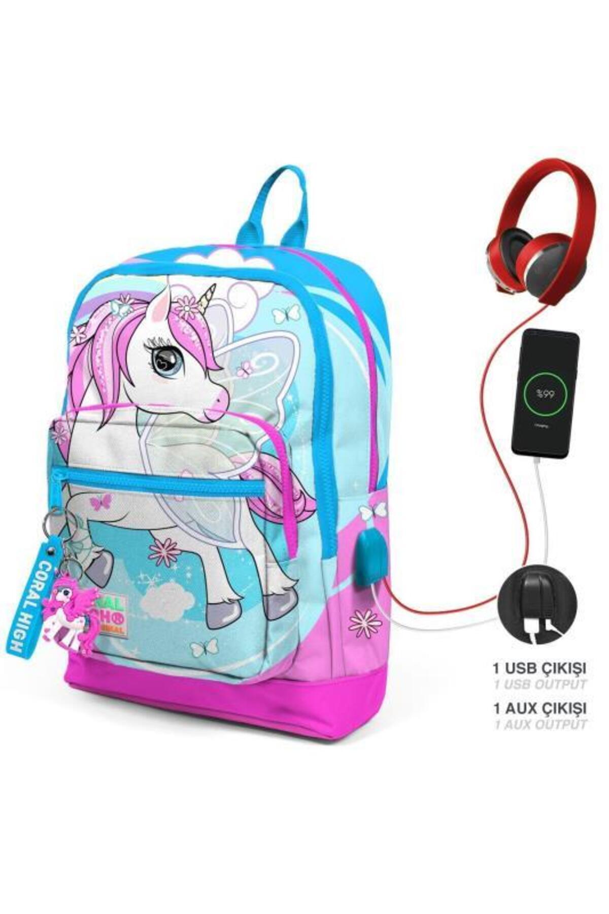Kids Kids Blue Neon Pink Unicorn Patterned School Backpack with Four Compartments USB