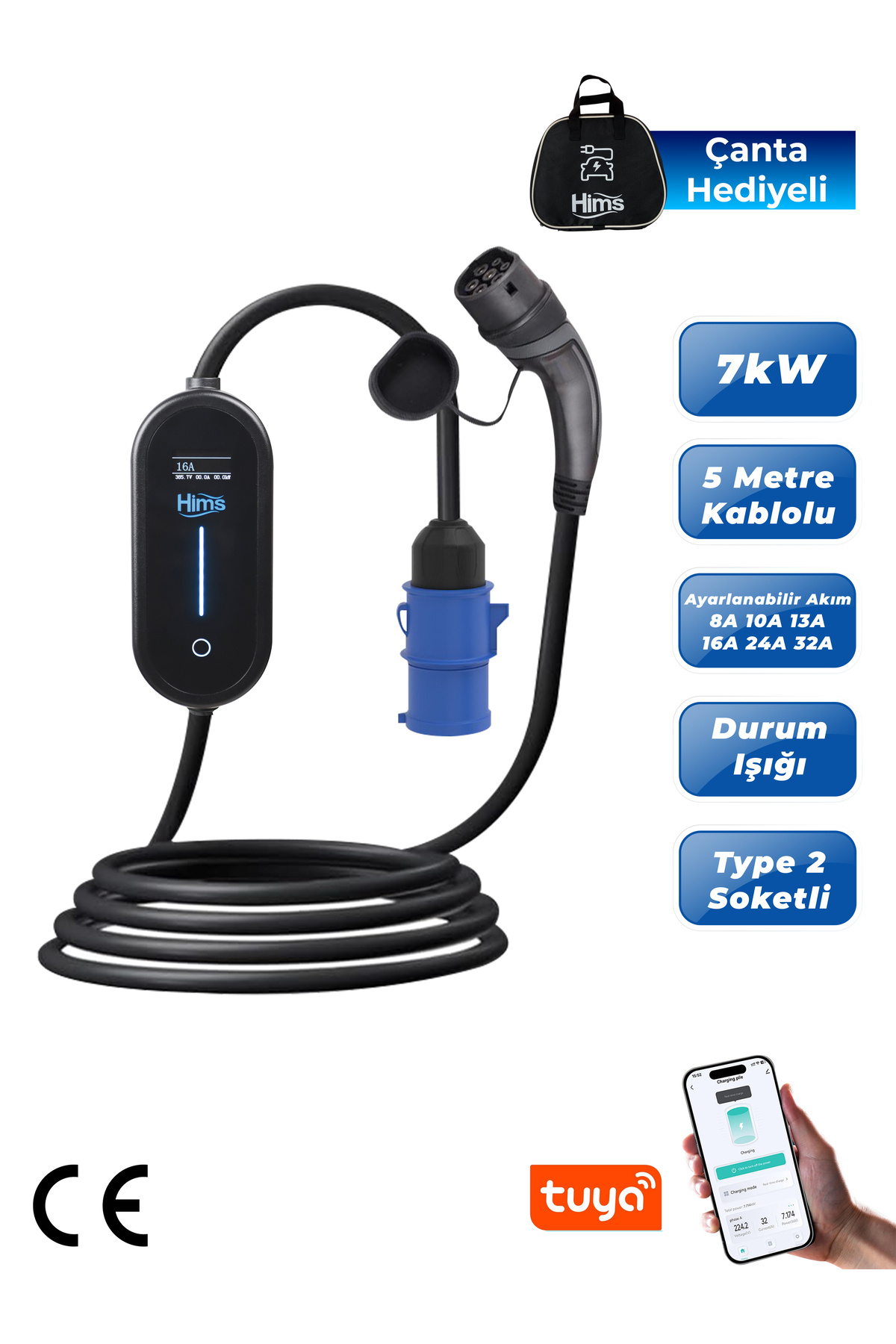 Hims 7kW Ev Tipi Taşınabilir Elektrikli Araç Şarj İstasyonu HCTK-7