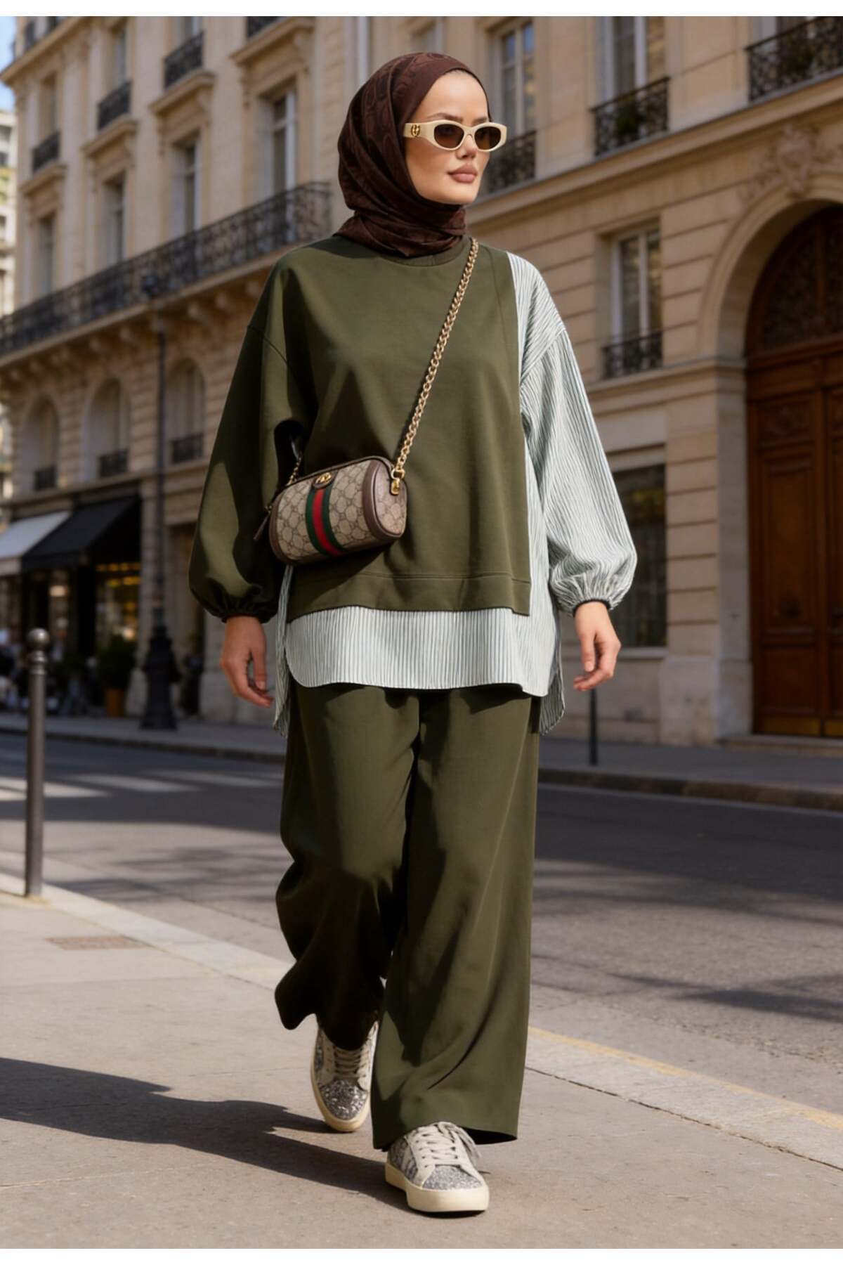 Aselim Hijap Moda Striped Shirt Detailed Tunic Double Suit | Green with Pockets, Wide Legs and Tunic