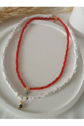 La fee aksesuar 2 li Kolye Set Kırmızı Boncuk Beyaz Fimo Boncuğu Nazar Boncuk...