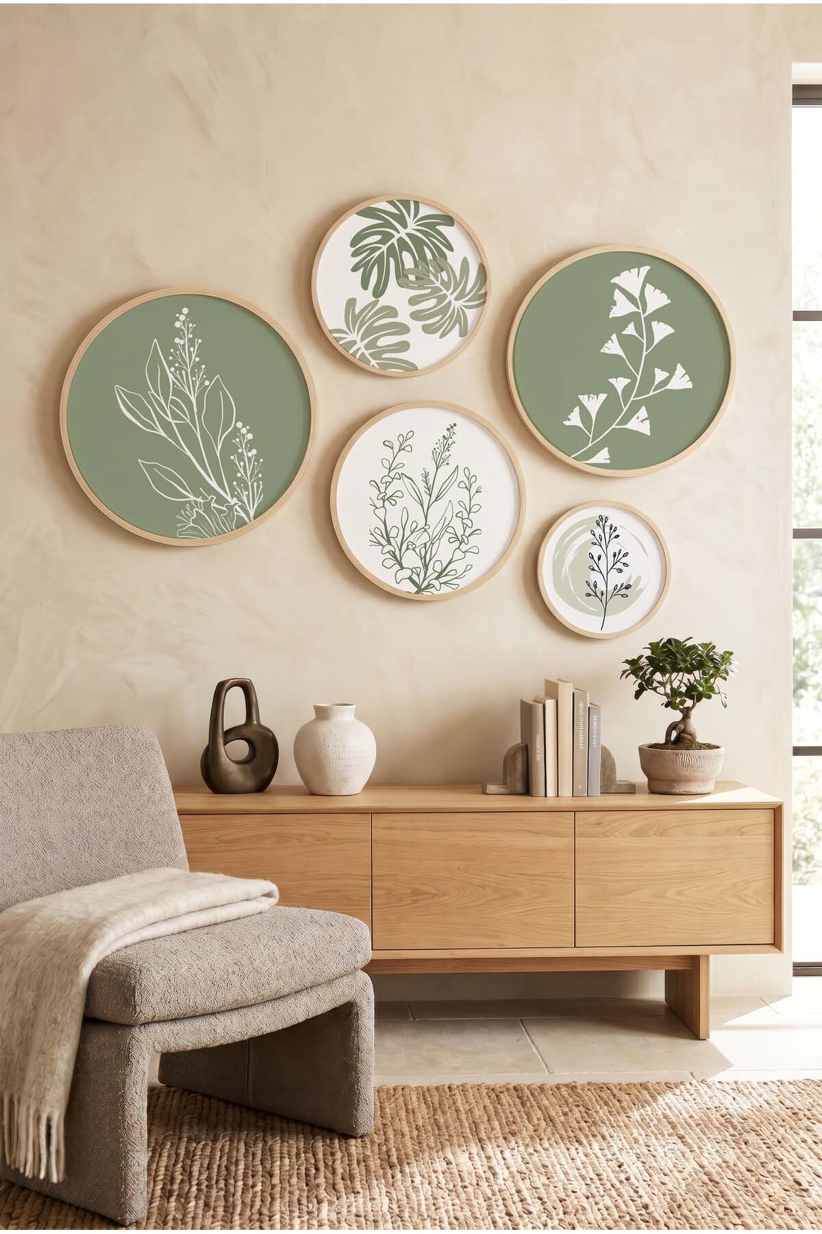 Green And White Minimalist Plants Table Set With Round Wooden Frames