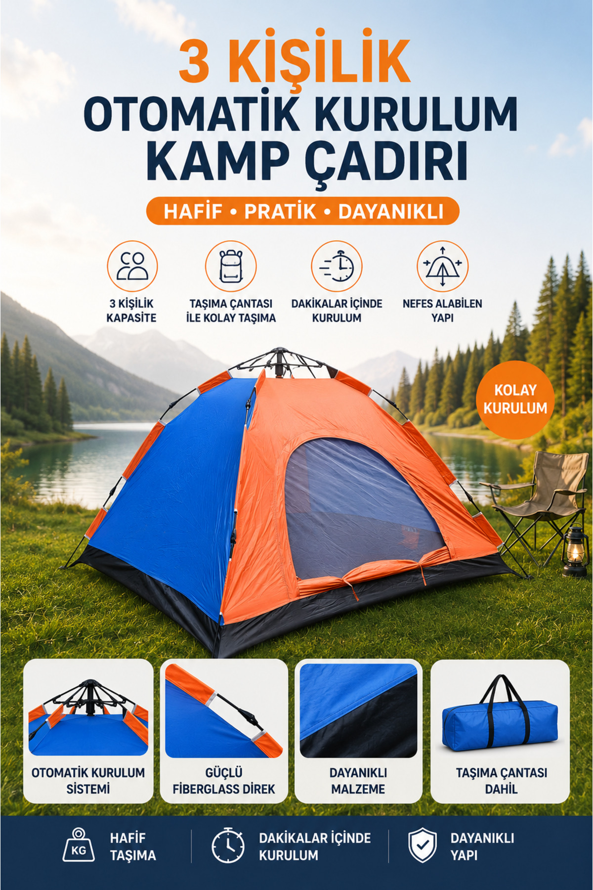 Automatic Pop-up Camping Tent for 3 People 200x150x125