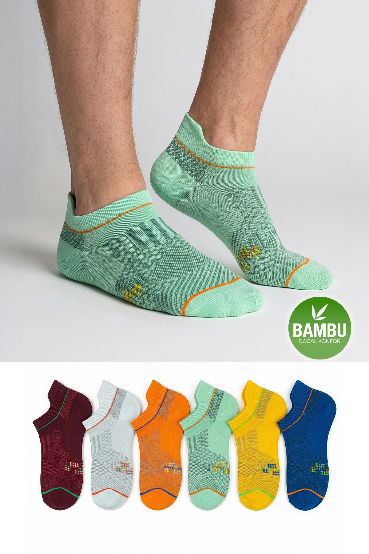GoWith 6'lı Bambu Renkli Güçlendirilmiş Yıkamalı Dikişsiz Yürüyüş Koşu Spor Patik Erkek Çorap 3151