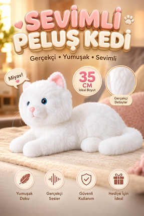 viyolmarketim Sesli Miyavlayan Peluş Kedi 35 cm – Beyaz Yumuşak Peluş Oyuncak...