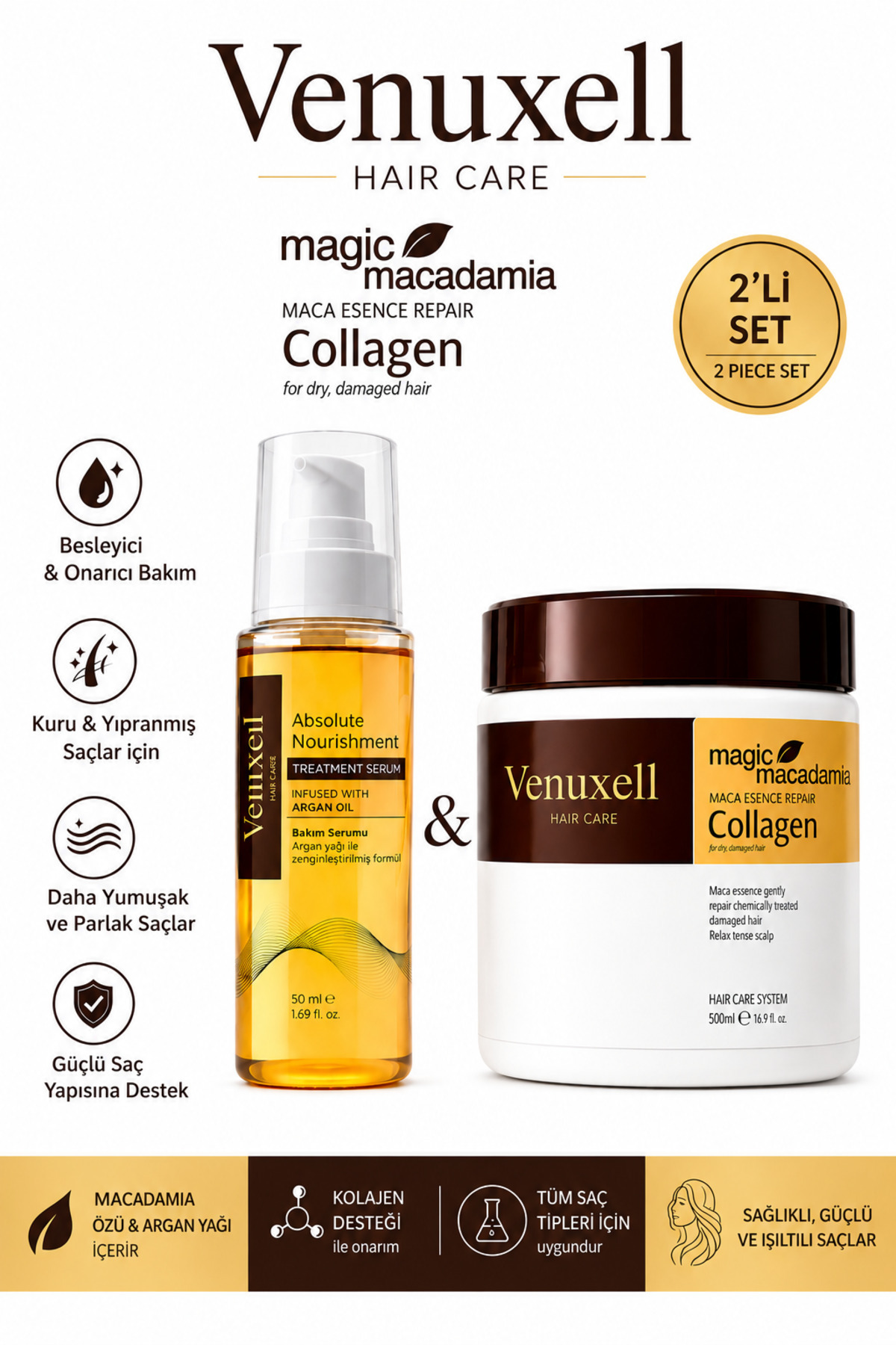 Venuxeell Maca Özü ile Güçlendirilmiş Onarıcı Saç Bakım Seti | Maske 500 ml + Bakım Yağı — saçseti