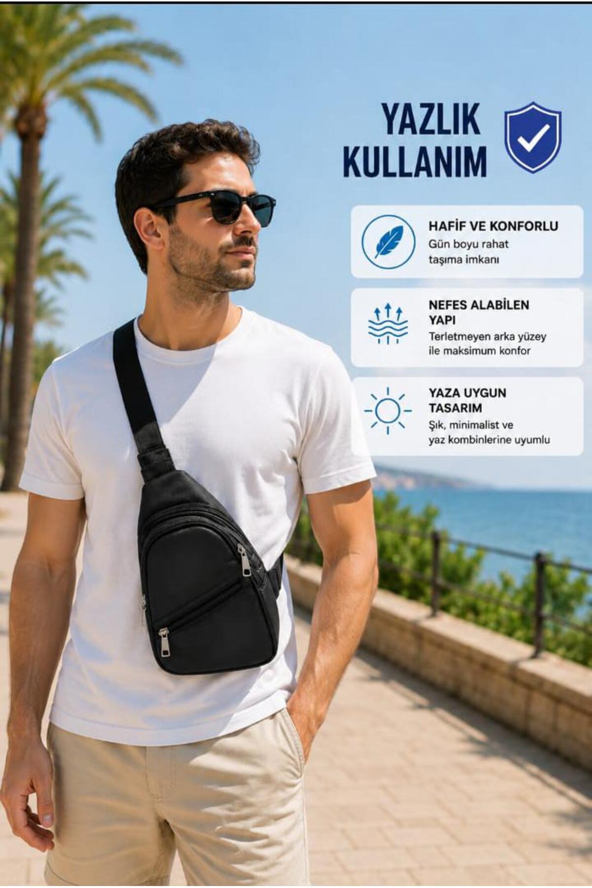 Sofia Unisex Siyah 3 Fermuarli Crossbag Bodybag Askılı Çanta görsel 4