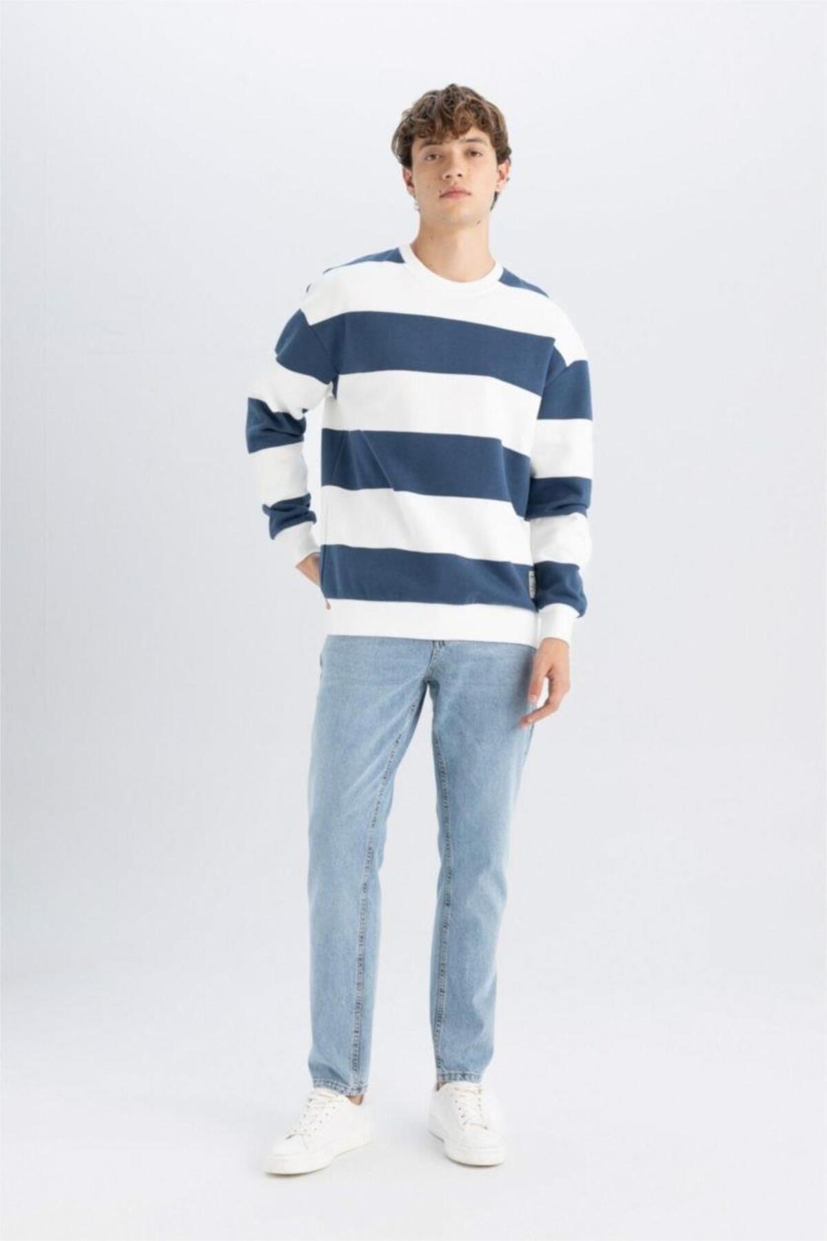 DeFacto Boxy Fit Bisiklet Yaka Çizgili Sweatshirt A9066AX24AU görsel 6