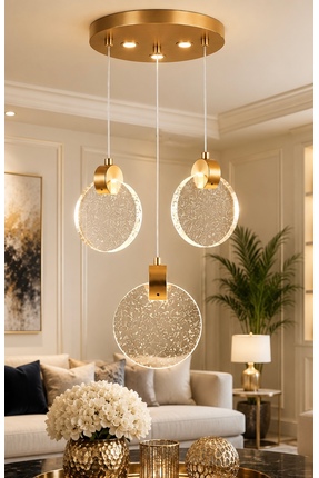 burenze Luxury Modern Üçlü Yuvarlak Sarkıt Kristal Camlı Led Avize Gold Sarı ...